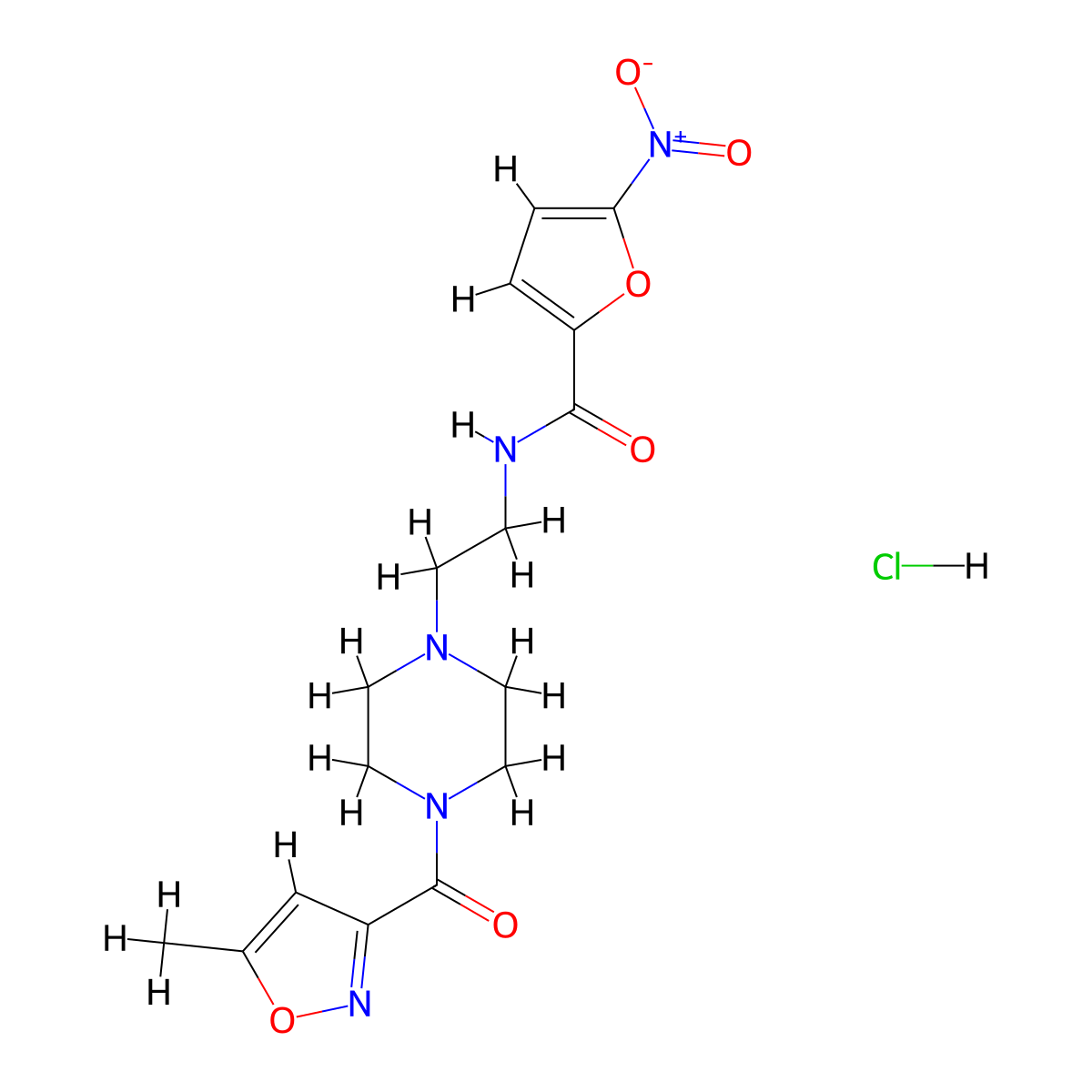 N-(2-(4-(5-methylisoxazole-3-carbonyl)piperazin-1-yl)ethyl)-5-nitrofuran-2-carboxamide hydrochloride molecular structure, CAS 1351635-15-8