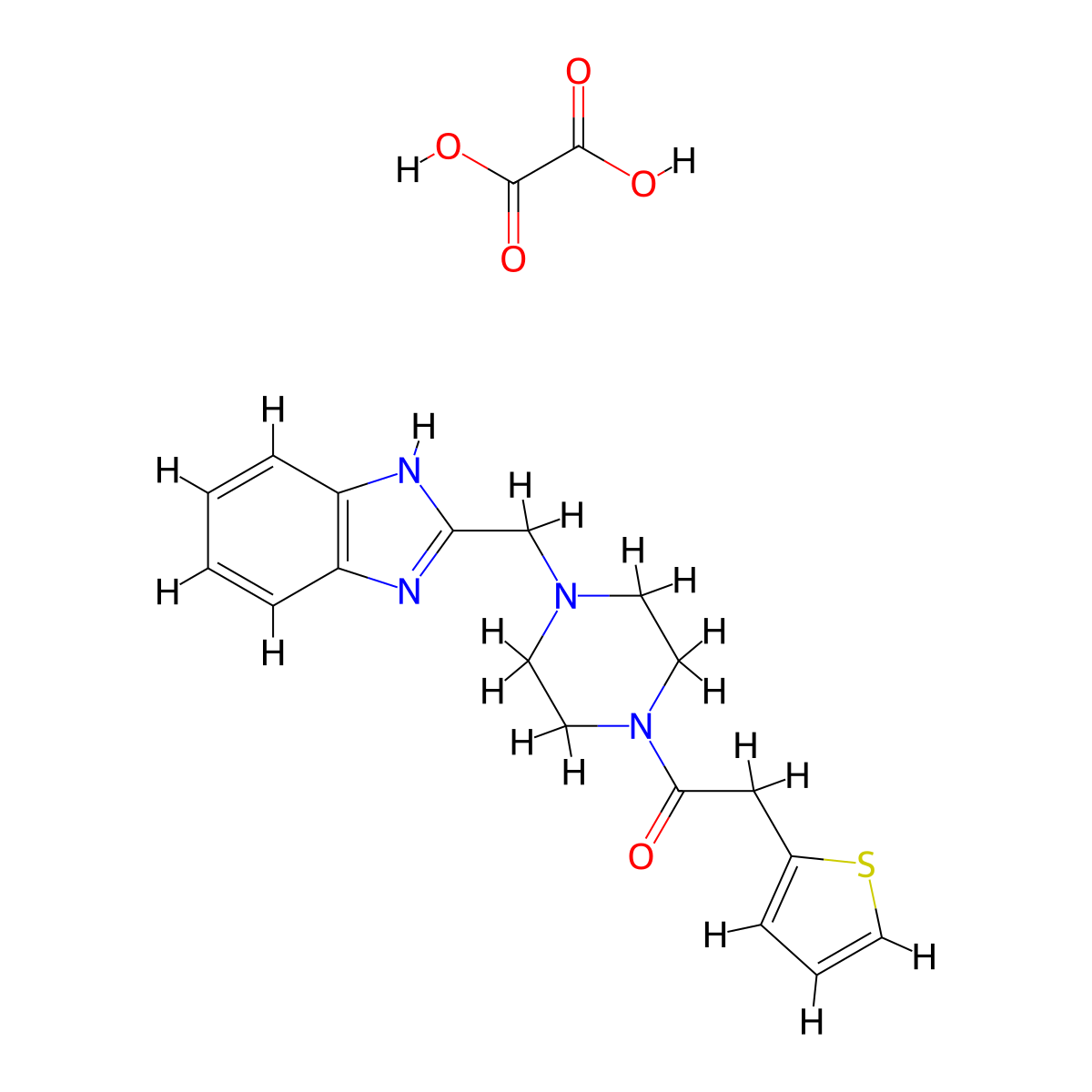 1-(4-((1H-benzo[d]imidazol-2-yl)methyl)piperazin-1-yl)-2-(thiophen-2-yl)ethanone oxalate molecular structure, CAS 1351635-23-8