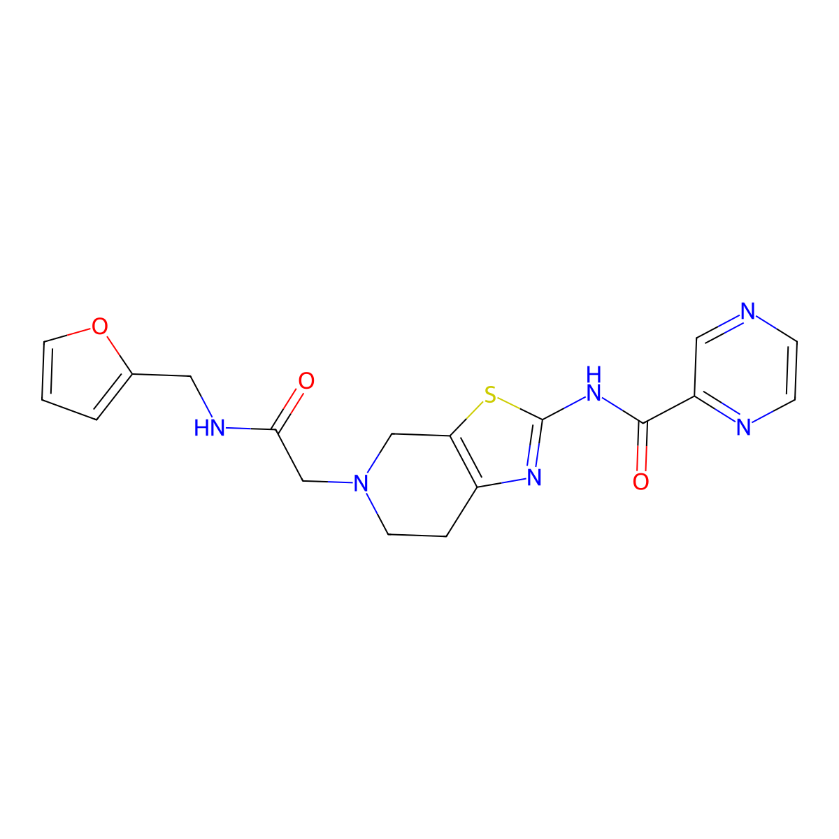 N-(5-(2-((furan-2-ylmethyl)amino)-2-oxoethyl)-4,5,6,7-tetrahydrothiazolo[5,4-c]pyridin-2-yl)pyrazine-2-carboxamide molecular structure, CAS 1351635-24-9