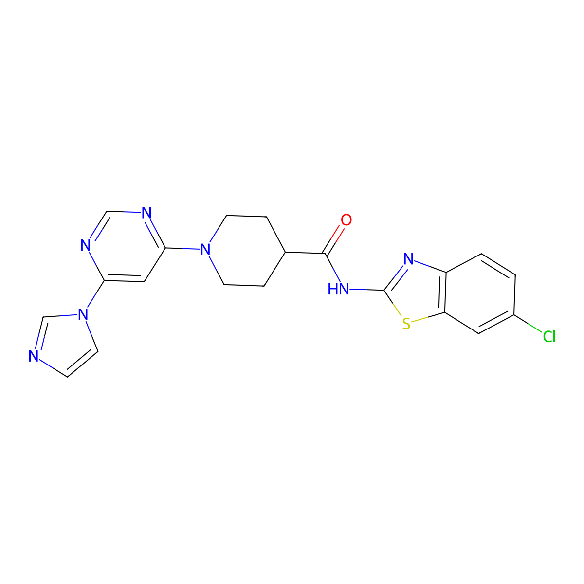 1-(6-(1H-imidazol-1-yl)pyrimidin-4-yl)-N-(6-chlorobenzo[d]thiazol-2-yl)piperidine-4-carboxamide molecular structure, CAS 1351635-29-4