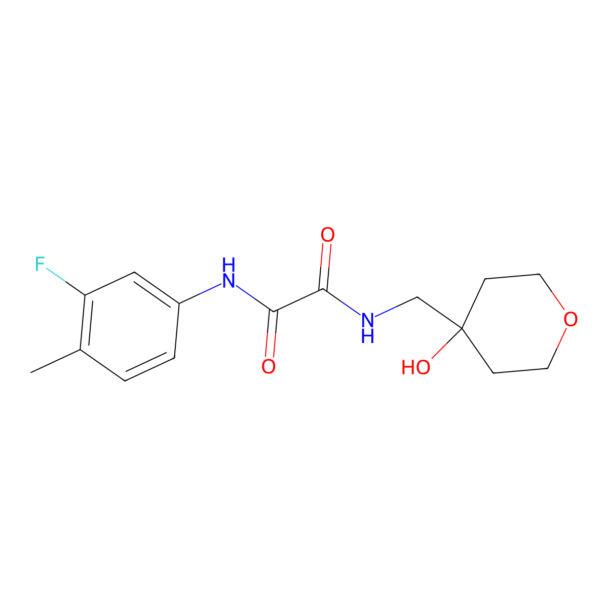 N1-(3-fluoro-4-methylphenyl)-N2-((4-hydroxytetrahydro-2H-pyran-4-yl)methyl)oxalamide molecular structure, CAS 1351640-98-6