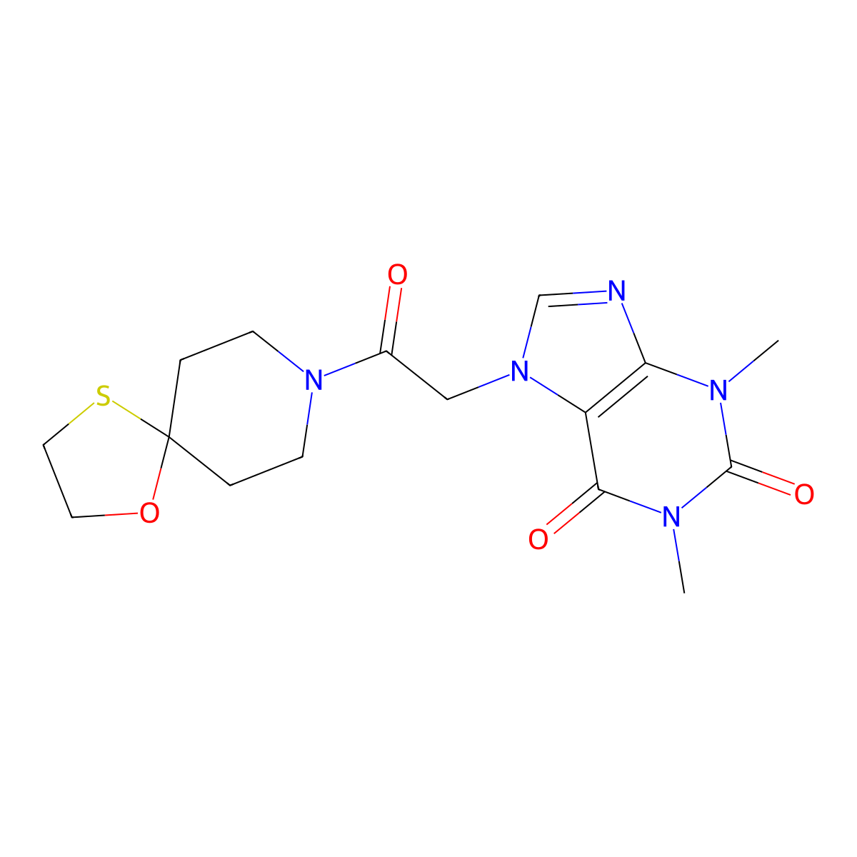 1,3-dimethyl-7-(2-oxo-2-(1-oxa-4-thia-8-azaspiro[4.5]decan-8-yl)ethyl)-1H-purine-2,6(3H,7H)-dione molecular structure, CAS 1351641-01-4
