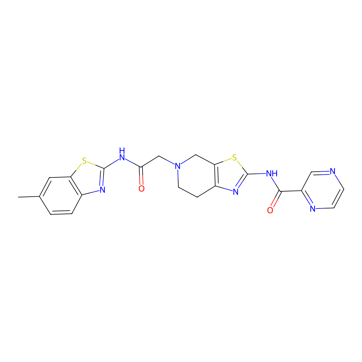 N-(5-(2-((6-methylbenzo[d]thiazol-2-yl)amino)-2-oxoethyl)-4,5,6,7-tetrahydrothiazolo[5,4-c]pyridin-2-yl)pyrazine-2-carboxamide molecular structure, CAS 1351641-23-0
