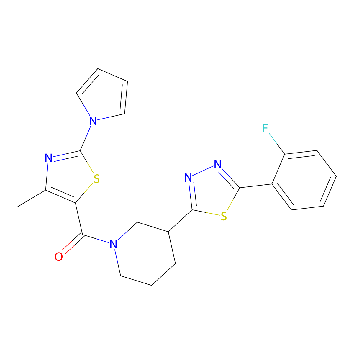 (3-(5-(2-fluorophenyl)-1,3,4-thiadiazol-2-yl)piperidin-1-yl)(4-methyl-2-(1H-pyrrol-1-yl)thiazol-5-yl)methanone molecular structure, CAS 1351641-28-5