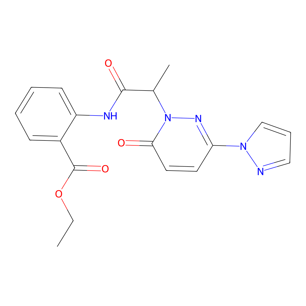 ethyl 2-(2-(6-oxo-3-(1H-pyrazol-1-yl)pyridazin-1(6H)-yl)propanamido)benzoate molecular structure, CAS 1351641-50-3