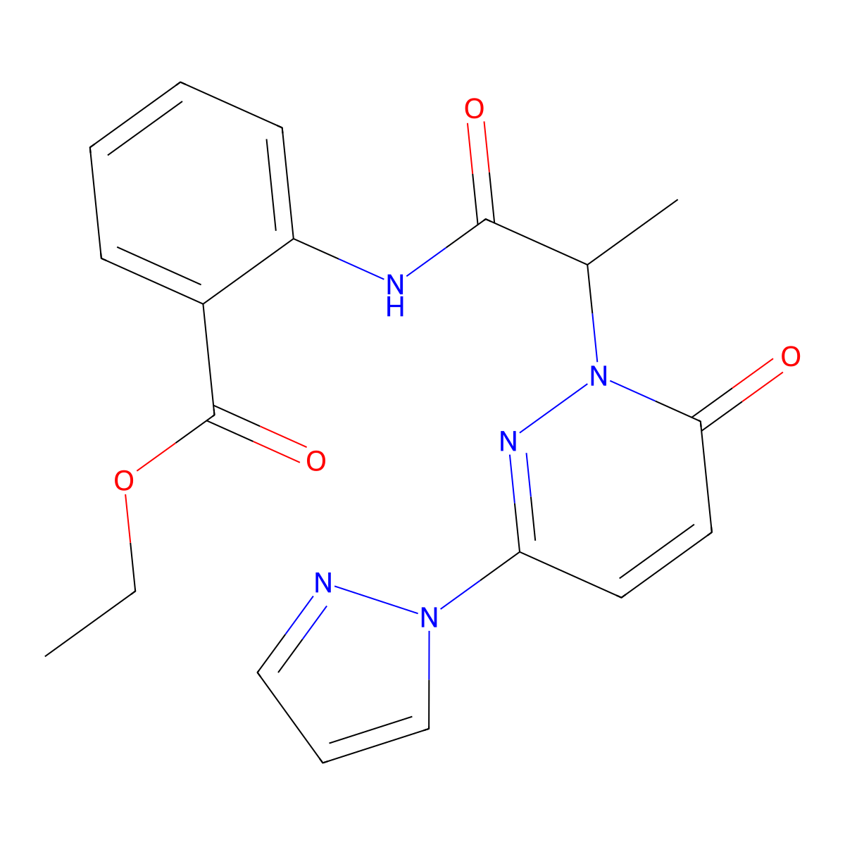 ethyl 2-(2-(6-oxo-3-(1H-pyrazol-1-yl)pyridazin-1(6H)-yl)propanamido)benzoate molecular structure, CAS 1351641-50-3