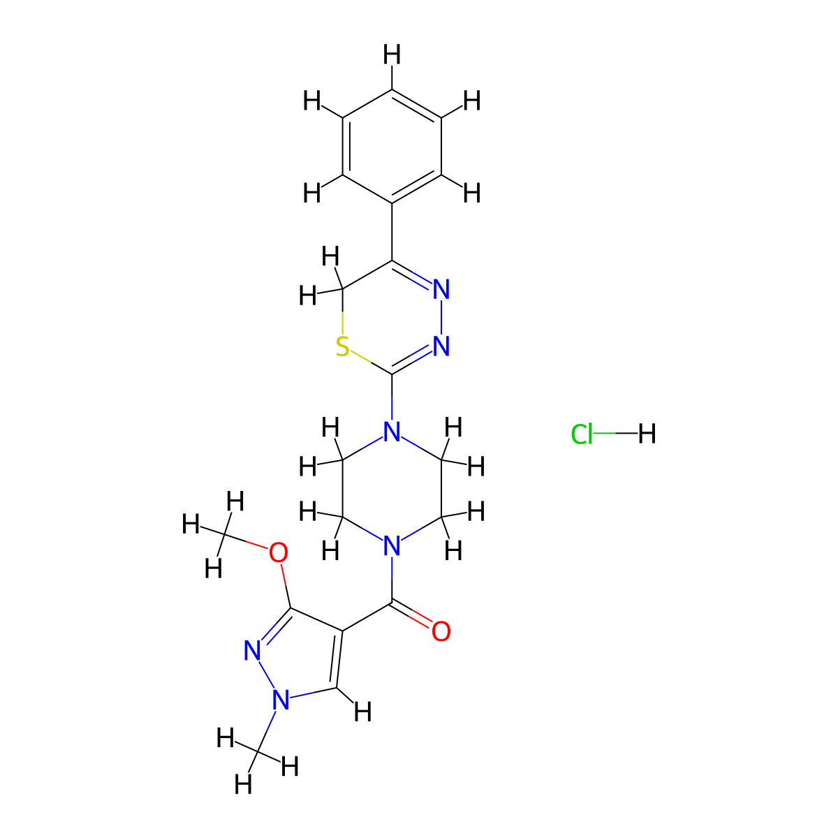 (3-methoxy-1-methyl-1H-pyrazol-4-yl)(4-(5-phenyl-6H-1,3,4-thiadiazin-2-yl)piperazin-1-yl)methanone hydrochloride molecular structure, CAS 1351641-96-7