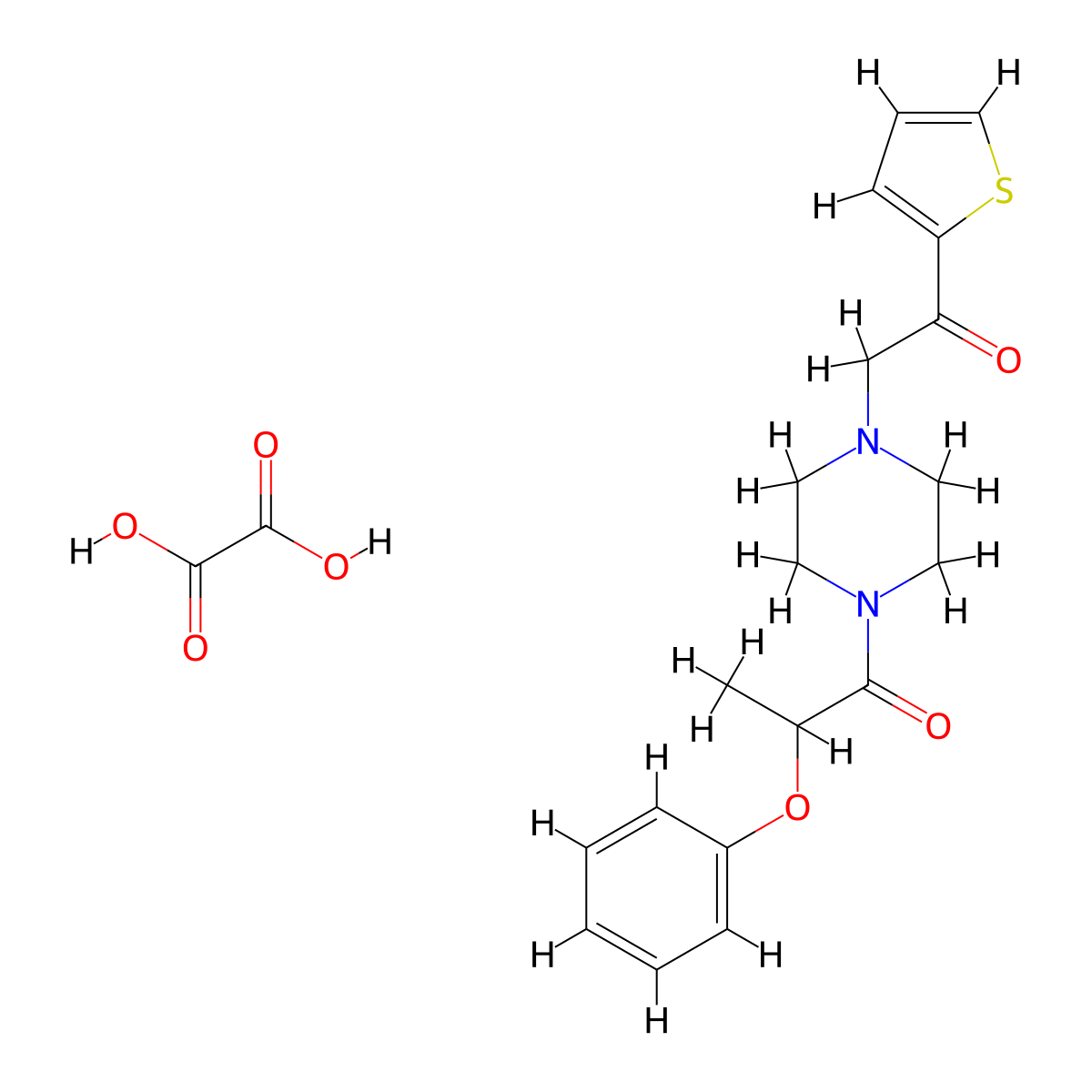 1-(4-(2-Oxo-2-(thiophen-2-yl)ethyl)piperazin-1-yl)-2-phenoxypropan-1-one oxalate molecular structure, CAS 1351642-06-2