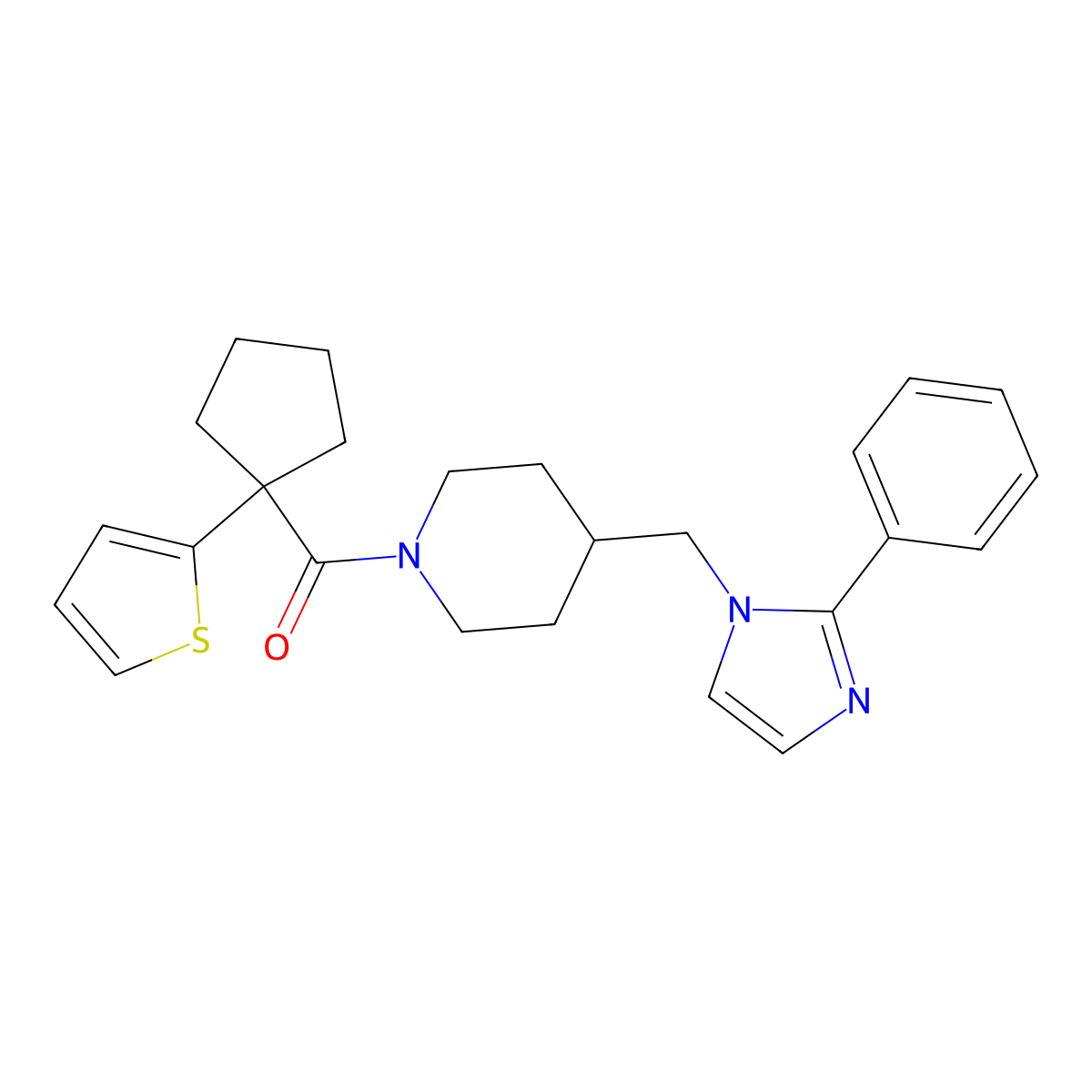 (4-((2-phenyl-1H-imidazol-1-yl)methyl)piperidin-1-yl)(1-(thiophen-2-yl)cyclopentyl)methanone molecular structure, CAS 1351642-08-4
