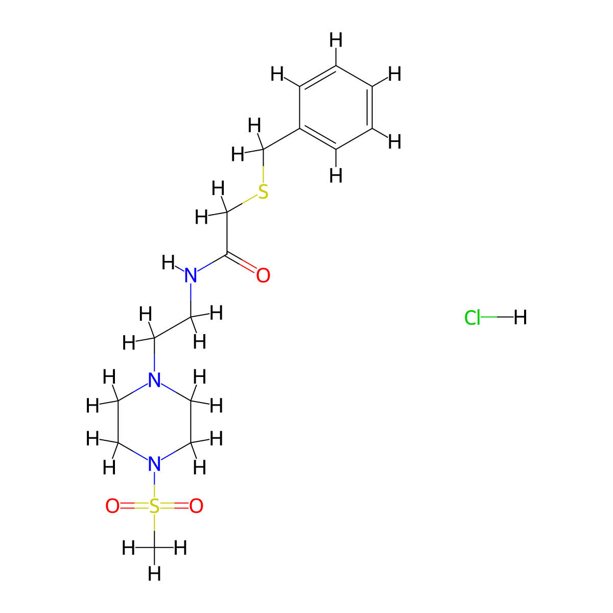 2-(benzylthio)-N-(2-(4-(methylsulfonyl)piperazin-1-yl)ethyl)acetamide hydrochloride molecular structure, CAS 1351642-09-5