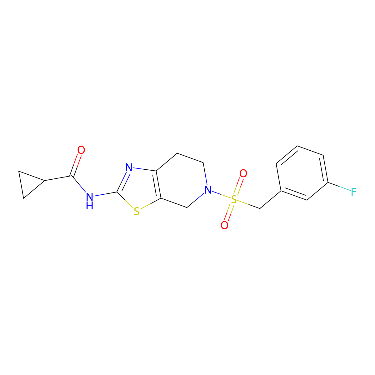 N-(5-((3-fluorobenzyl)sulfonyl)-4,5,6,7-tetrahydrothiazolo[5,4-c]pyridin-2-yl)cyclopropanecarboxamide molecular structure, CAS 1351642-30-2