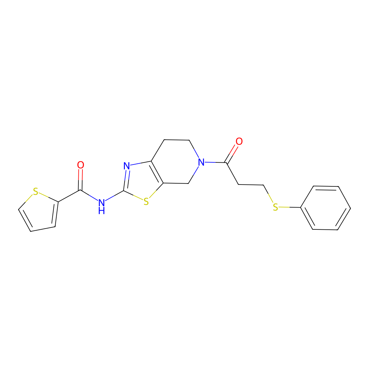 N-(5-(3-(phenylthio)propanoyl)-4,5,6,7-tetrahydrothiazolo[5,4-c]pyridin-2-yl)thiophene-2-carboxamide molecular structure, CAS 1351642-43-7