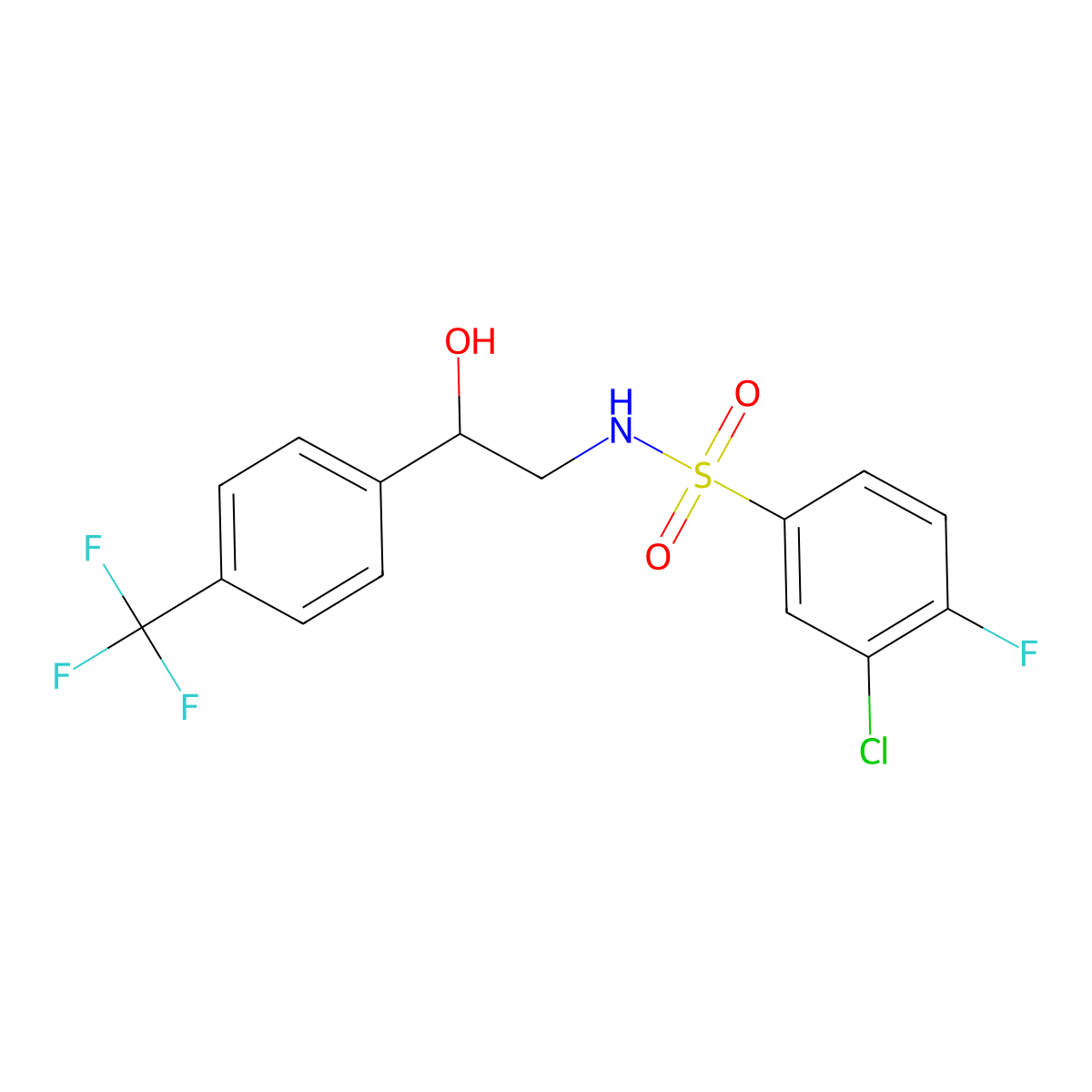 3-chloro-4-fluoro-N-(2-hydroxy-2-(4-(trifluoromethyl)phenyl)ethyl)benzenesulfonamide molecular structure, CAS 1351642-47-1