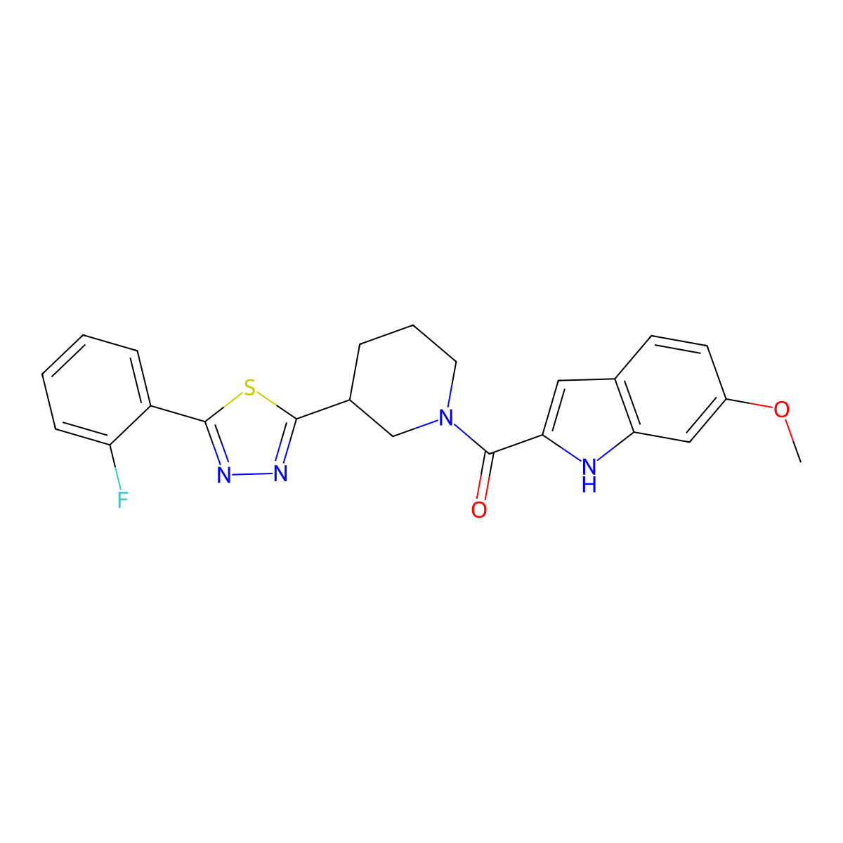(3-(5-(2-fluorophenyl)-1,3,4-thiadiazol-2-yl)piperidin-1-yl)(6-methoxy-1H-indol-2-yl)methanone molecular structure, CAS 1351642-50-6