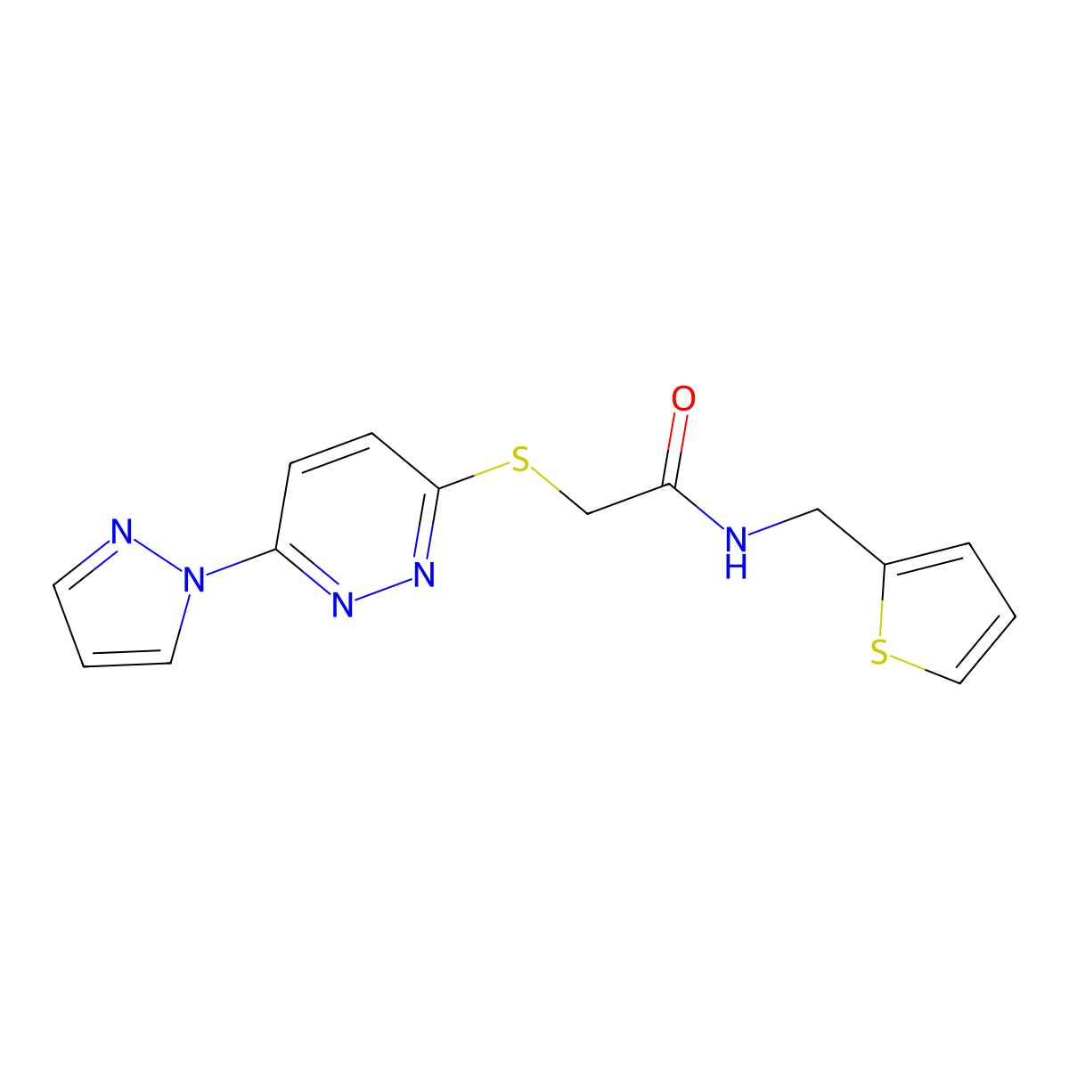 2-((6-(1H-pyrazol-1-yl)pyridazin-3-yl)thio)-N-(thiophen-2-ylmethyl)acetamide molecular structure, CAS 1351642-58-4