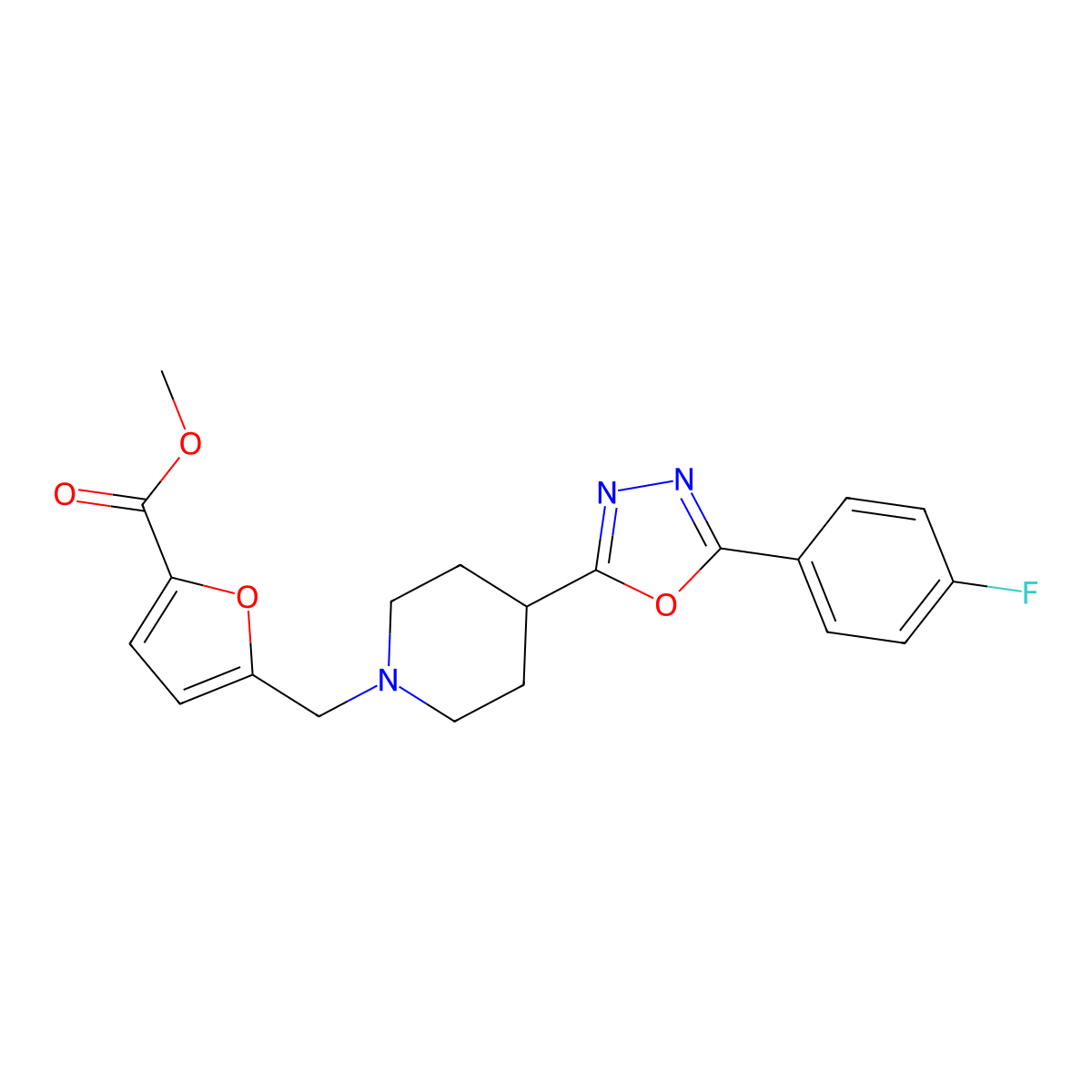 Methyl 5-((4-(5-(4-fluorophenyl)-1,3,4-oxadiazol-2-yl)piperidin-1-yl)methyl)furan-2-carboxylate molecular structure, CAS 1351642-61-9