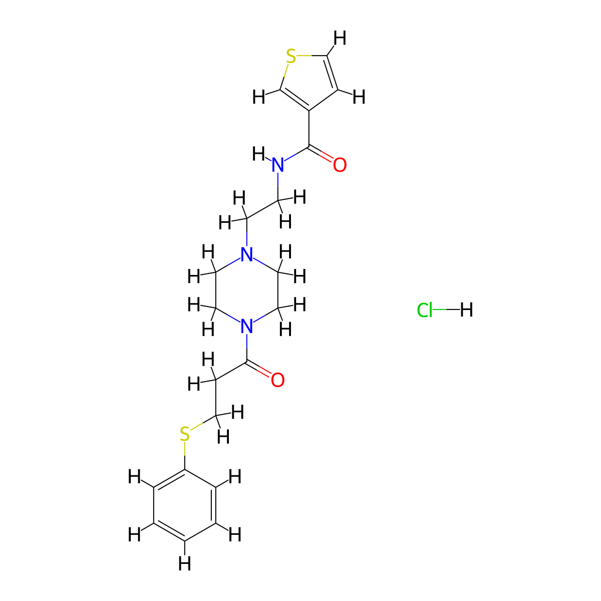 N-(2-(4-(3-(phenylthio)propanoyl)piperazin-1-yl)ethyl)thiophene-3-carboxamide hydrochloride molecular structure, CAS 1351642-68-6