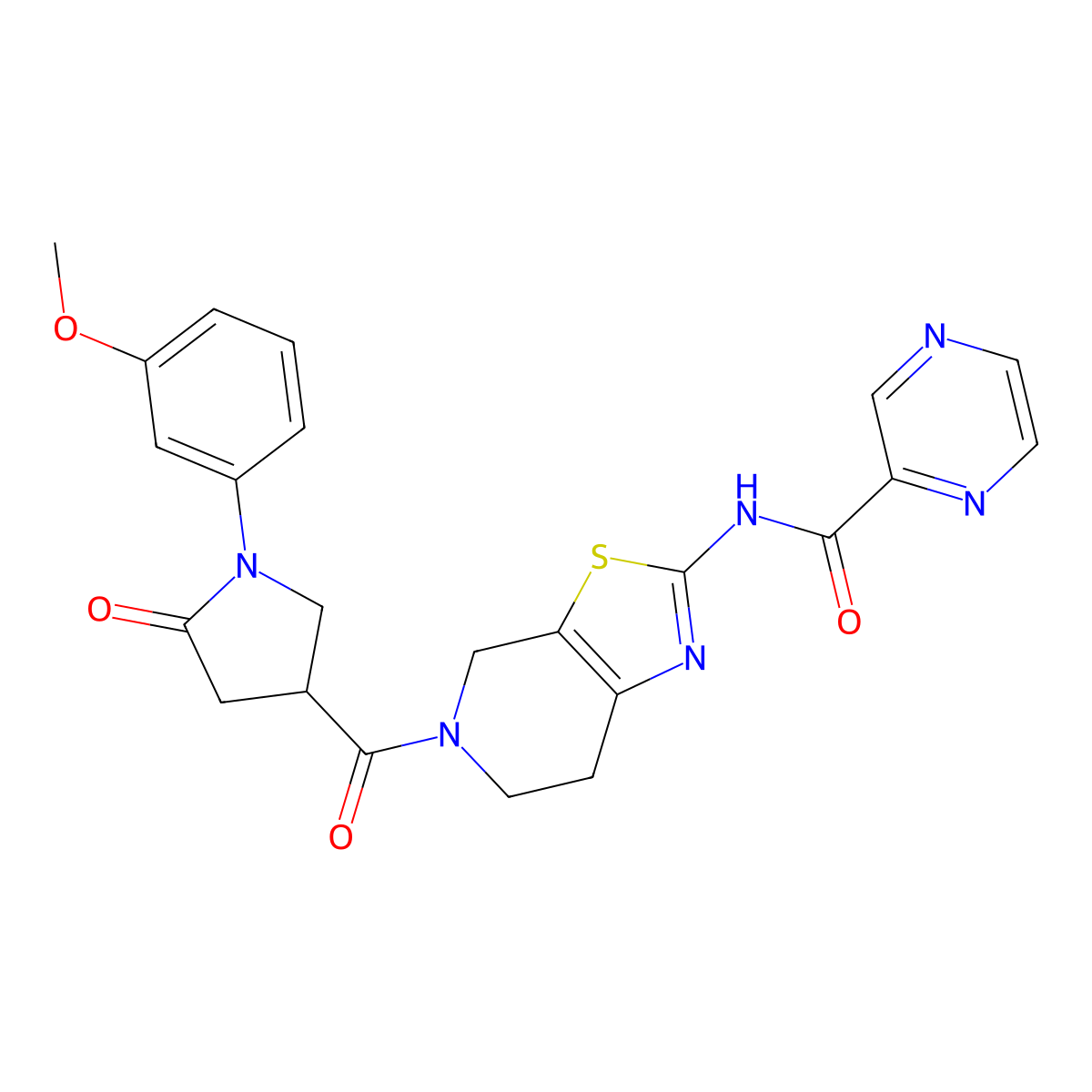 N-(5-(1-(3-methoxyphenyl)-5-oxopyrrolidine-3-carbonyl)-4,5,6,7-tetrahydrothiazolo[5,4-c]pyridin-2-yl)pyrazine-2-carboxamide molecular structure, CAS 1351642-70-0