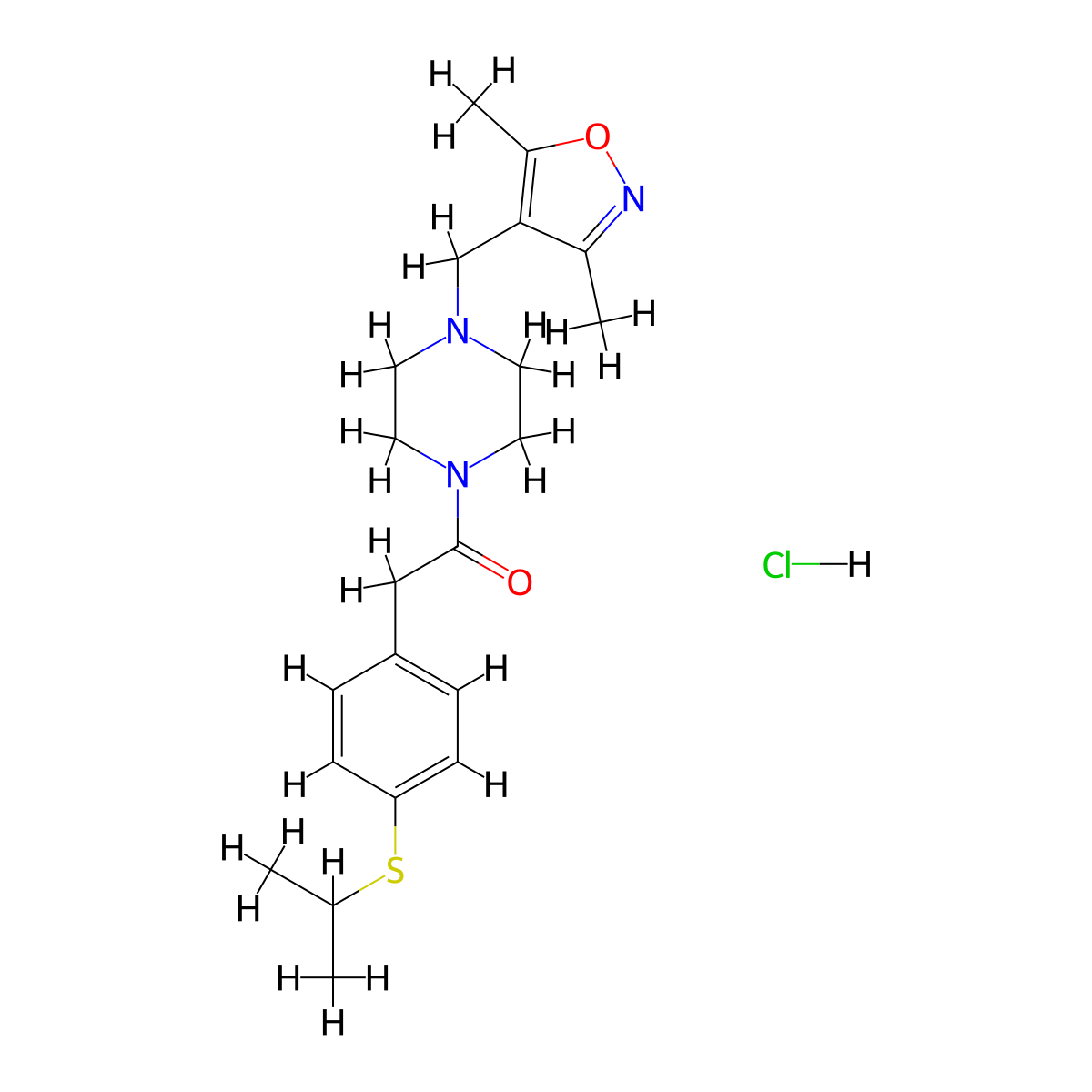 1-(4-((3,5-Dimethylisoxazol-4-yl)methyl)piperazin-1-yl)-2-(4-(isopropylthio)phenyl)ethanone hydrochloride molecular structure, CAS 1351642-73-3