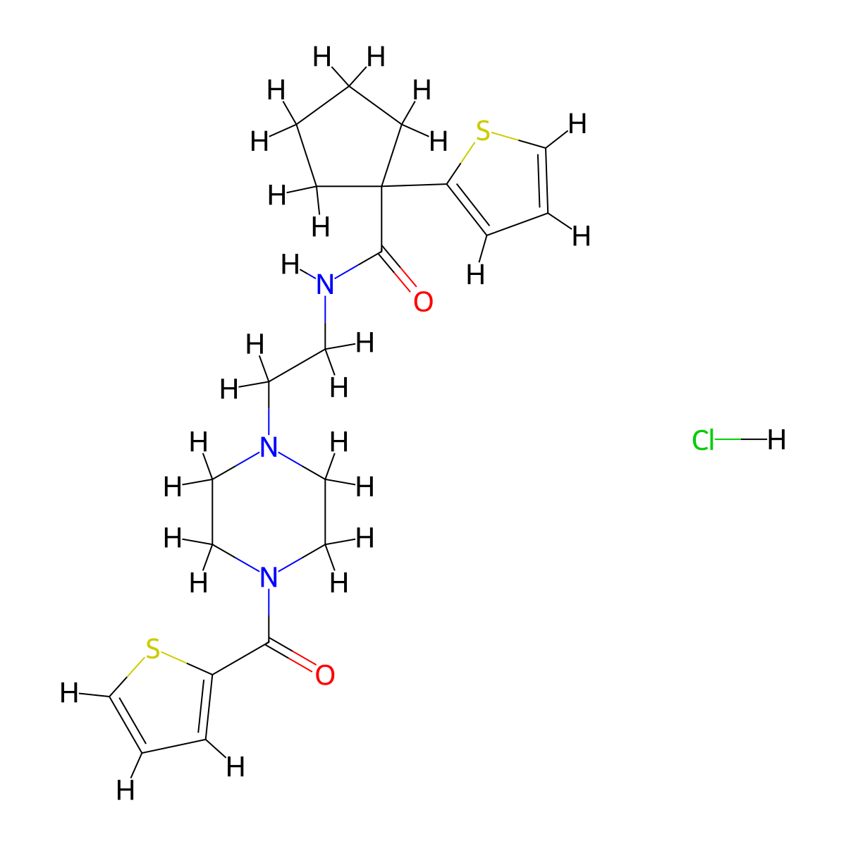 1-(thiophen-2-yl)-N-(2-(4-(thiophene-2-carbonyl)piperazin-1-yl)ethyl)cyclopentanecarboxamide hydrochloride molecular structure, CAS 1351642-74-4