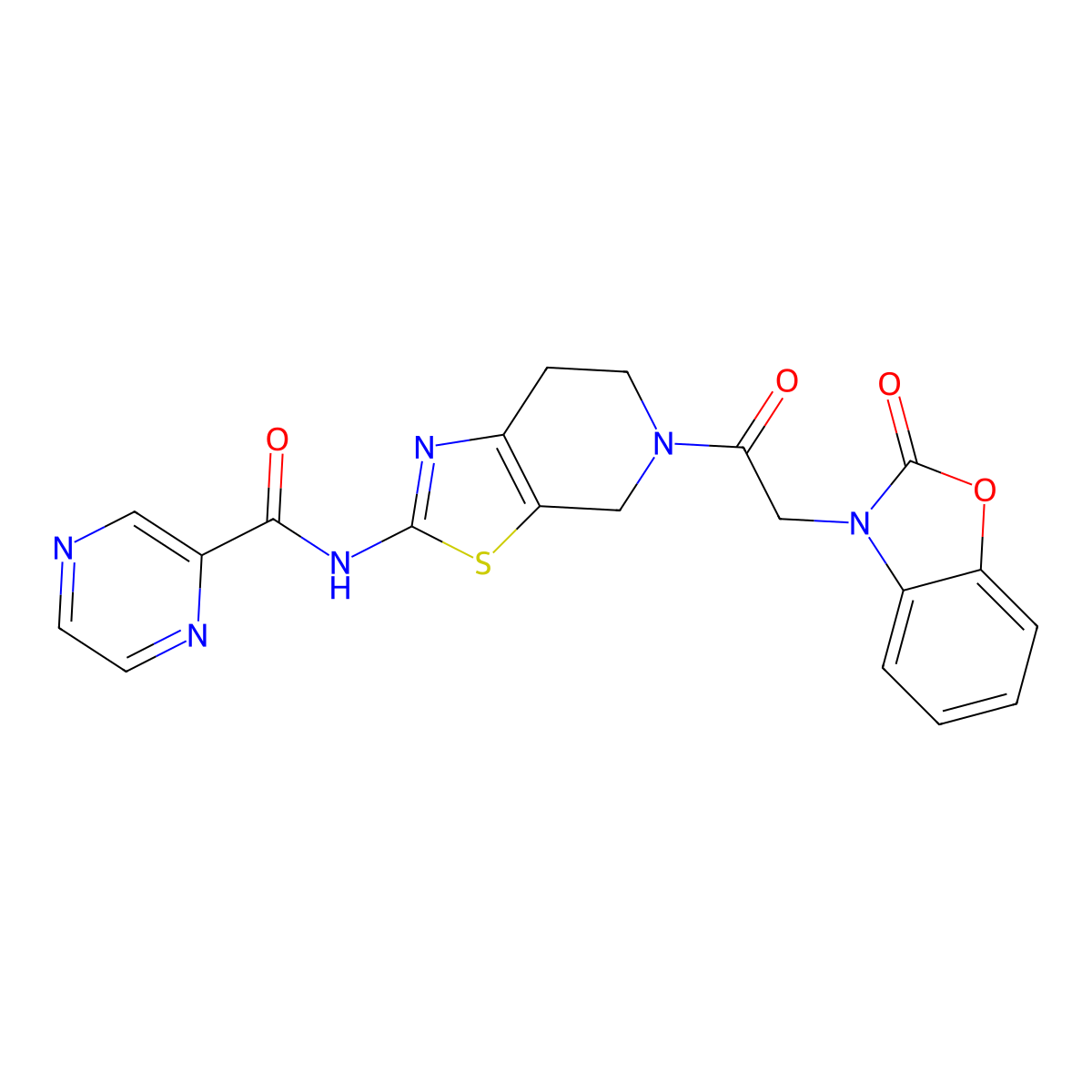 N-(5-(2-(2-oxobenzo[d]oxazol-3(2H)-yl)acetyl)-4,5,6,7-tetrahydrothiazolo[5,4-c]pyridin-2-yl)pyrazine-2-carboxamide molecular structure, CAS 1351642-78-8