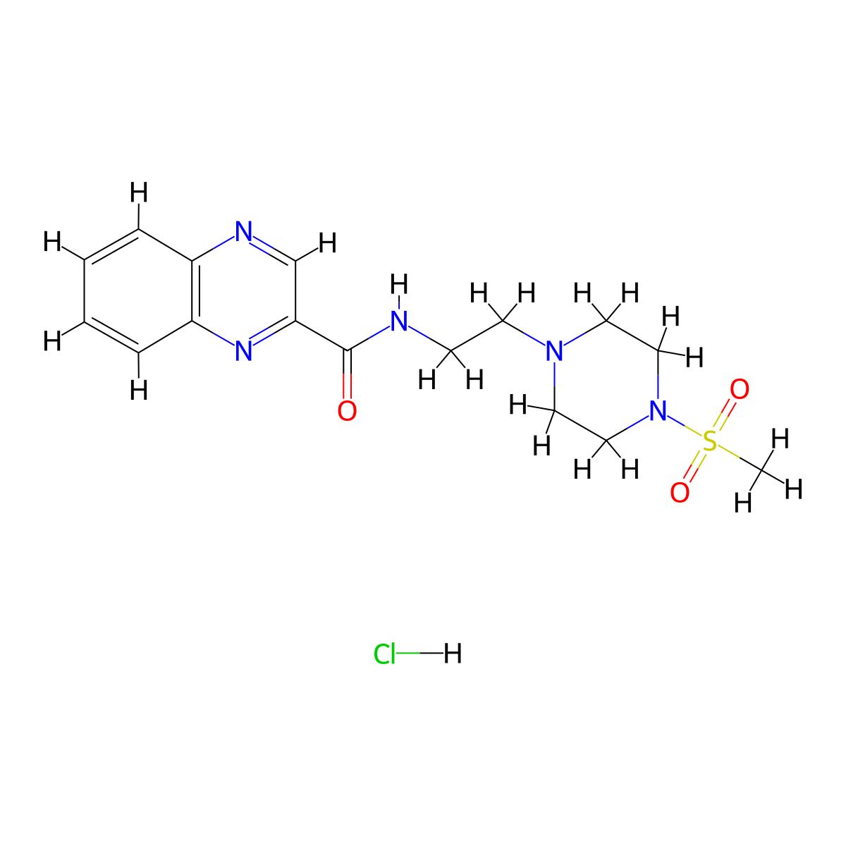 N-(2-(4-(methylsulfonyl)piperazin-1-yl)ethyl)quinoxaline-2-carboxamide hydrochloride molecular structure, CAS 1351642-83-5