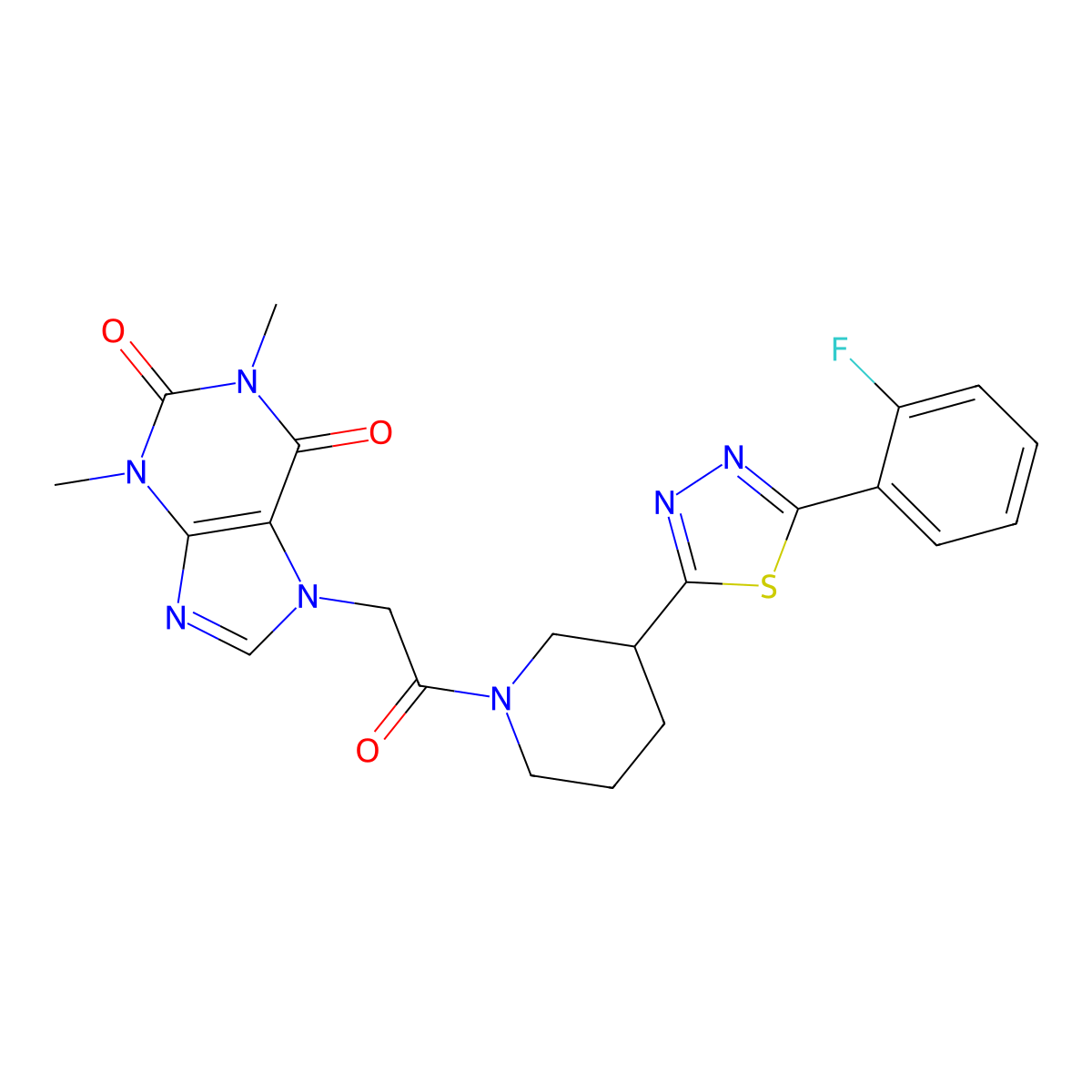 7-(2-(3-(5-(2-fluorophenyl)-1,3,4-thiadiazol-2-yl)piperidin-1-yl)-2-oxoethyl)-1,3-dimethyl-1H-purine-2,6(3H,7H)-dione molecular structure, CAS 1351642-91-5