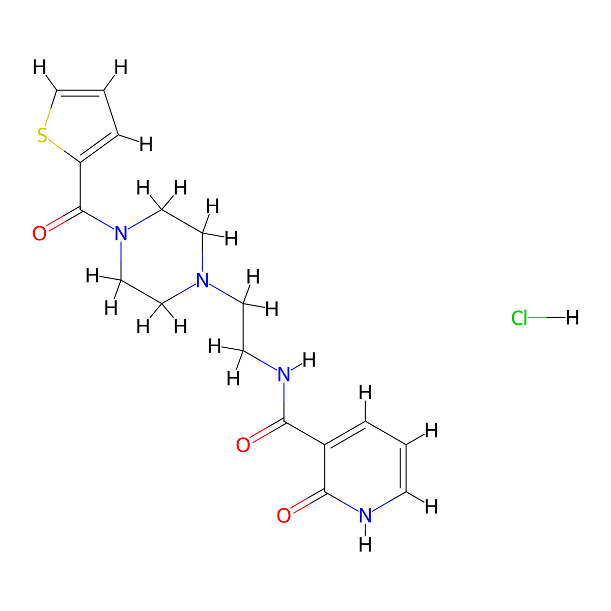 2-oxo-N-(2-(4-(thiophene-2-carbonyl)piperazin-1-yl)ethyl)-1,2-dihydropyridine-3-carboxamide hydrochloride molecular structure, CAS 1351642-92-6