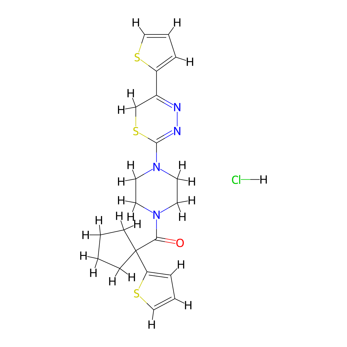 (4-(5-(thiophen-2-yl)-6H-1,3,4-thiadiazin-2-yl)piperazin-1-yl)(1-(thiophen-2-yl)cyclopentyl)methanone hydrochloride molecular structure, CAS 1351642-93-7
