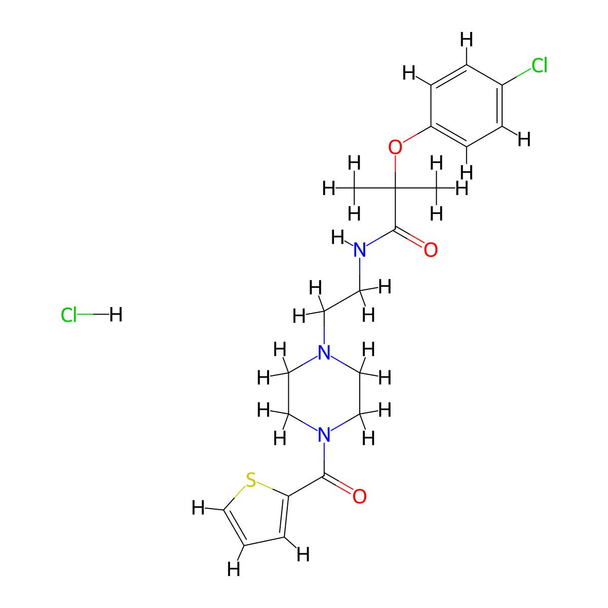 2-(4-chlorophenoxy)-2-methyl-N-(2-(4-(thiophene-2-carbonyl)piperazin-1-yl)ethyl)propanamide hydrochloride molecular structure, CAS 1351642-96-0