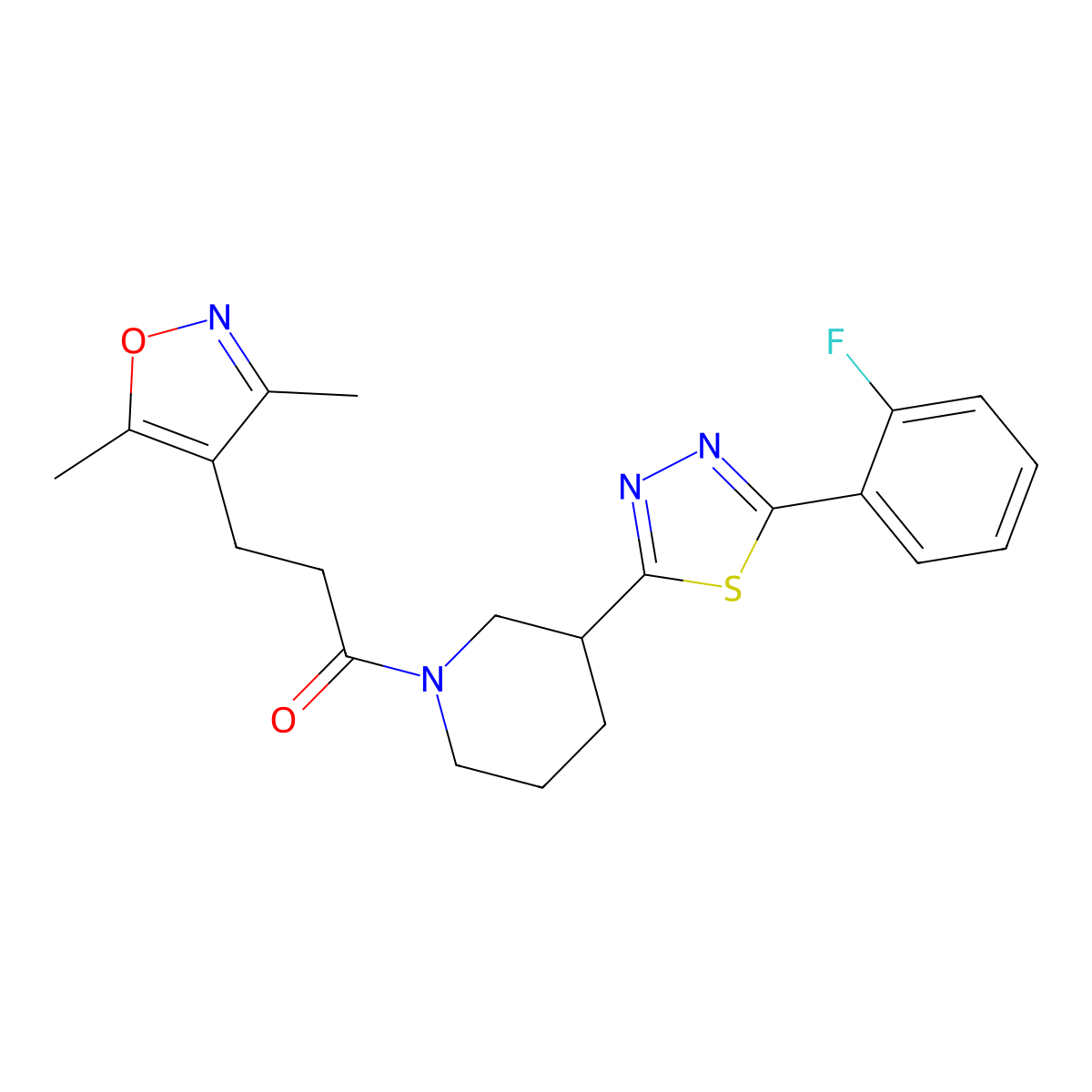 3-(3,5-Dimethyl-1,2-oxazol-4-yl)-1-{3-[5-(2-fluorophenyl)-1,3,4-thiadiazol-2-yl]piperidin-1-yl}propan-1-one molecular structure, CAS 1351642-97-1