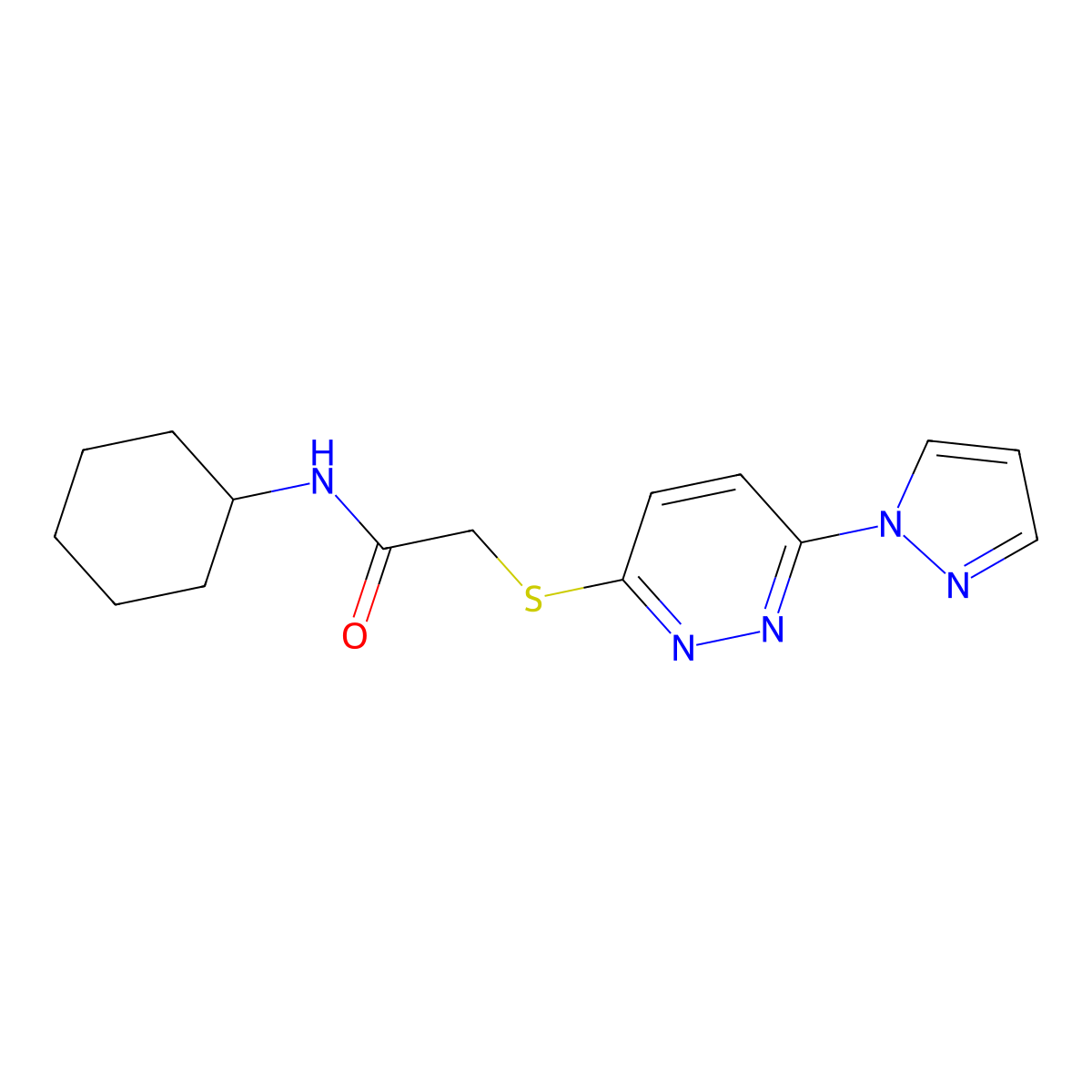 2-((6-(1H-pyrazol-1-yl)pyridazin-3-yl)thio)-N-cyclohexylacetamide molecular structure, CAS 1351642-99-3