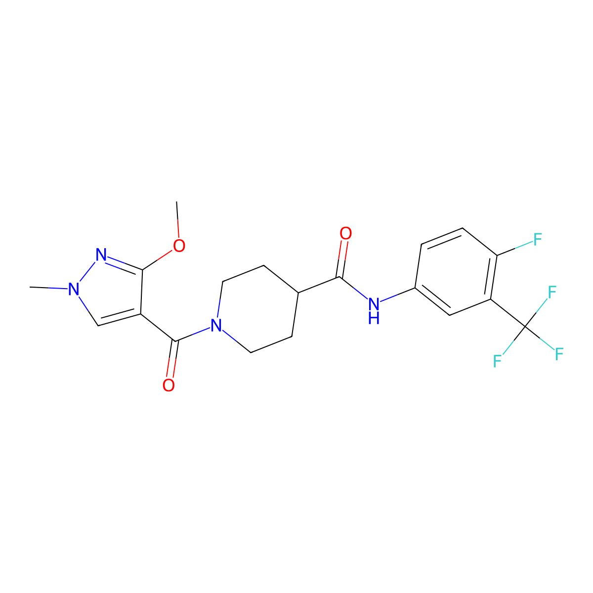 N-[4-fluoro-3-(trifluoromethyl)phenyl]-1-(3-methoxy-1-methyl-1H-pyrazole-4-carbonyl)piperidine-4-carboxamide molecular structure, CAS 1351643-00-9