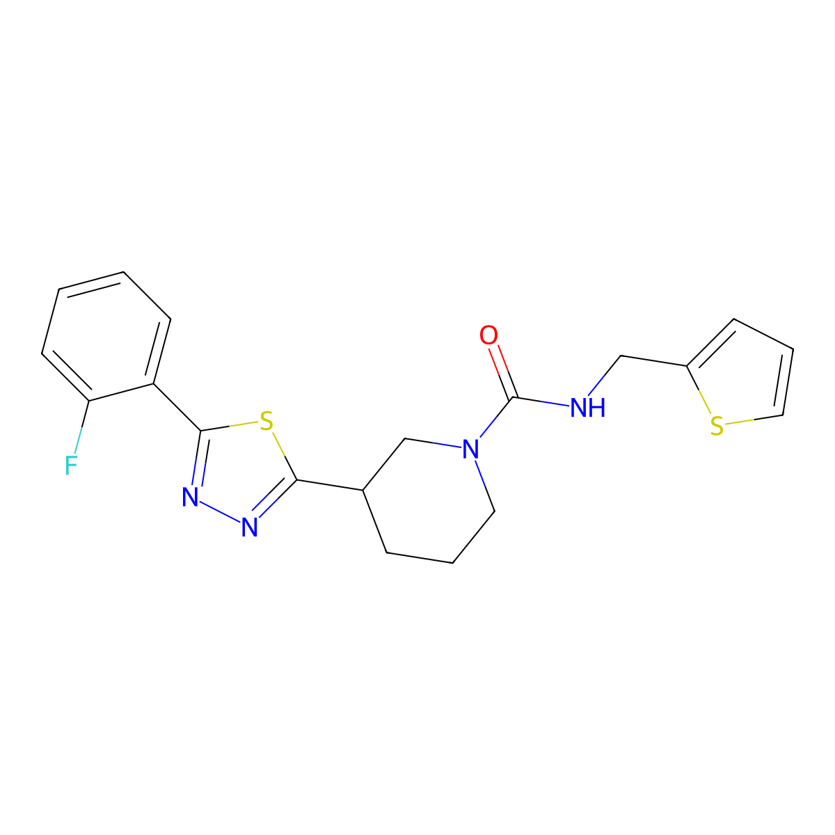 3-(5-(2-fluorophenyl)-1,3,4-thiadiazol-2-yl)-N-(thiophen-2-ylmethyl)piperidine-1-carboxamide molecular structure, CAS 1351643-01-0