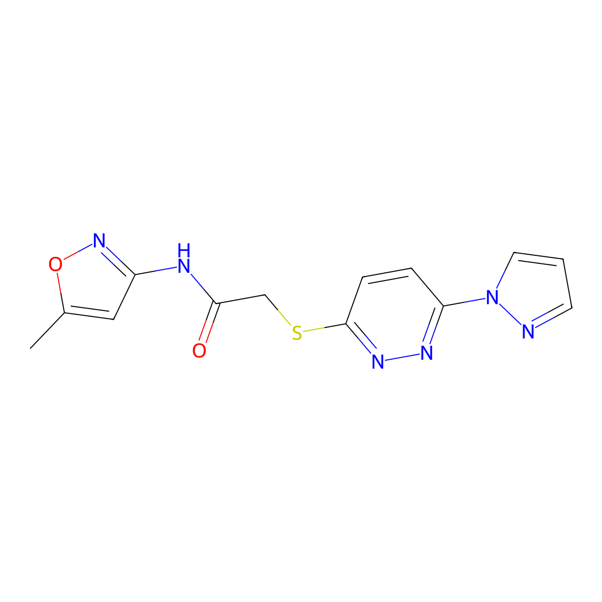 2-((6-(1H-pyrazol-1-yl)pyridazin-3-yl)thio)-N-(5-methylisoxazol-3-yl)acetamide molecular structure, CAS 1351643-05-4