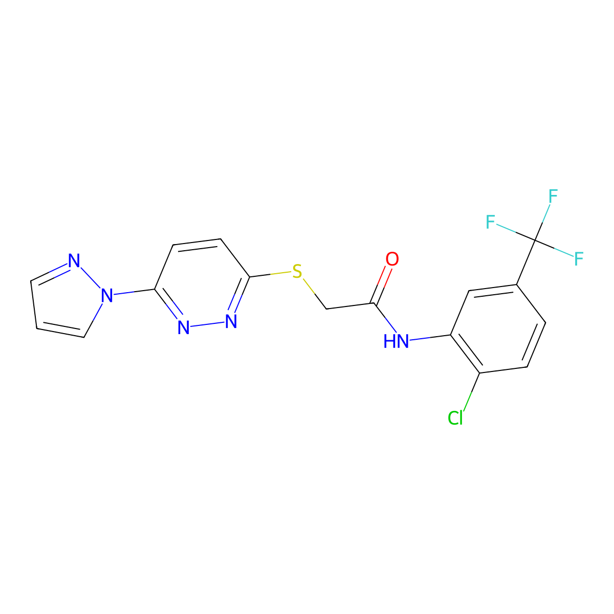 2-((6-(1H-pyrazol-1-yl)pyridazin-3-yl)thio)-N-(2-chloro-5-(trifluoromethyl)phenyl)acetamide molecular structure, CAS 1351643-07-6