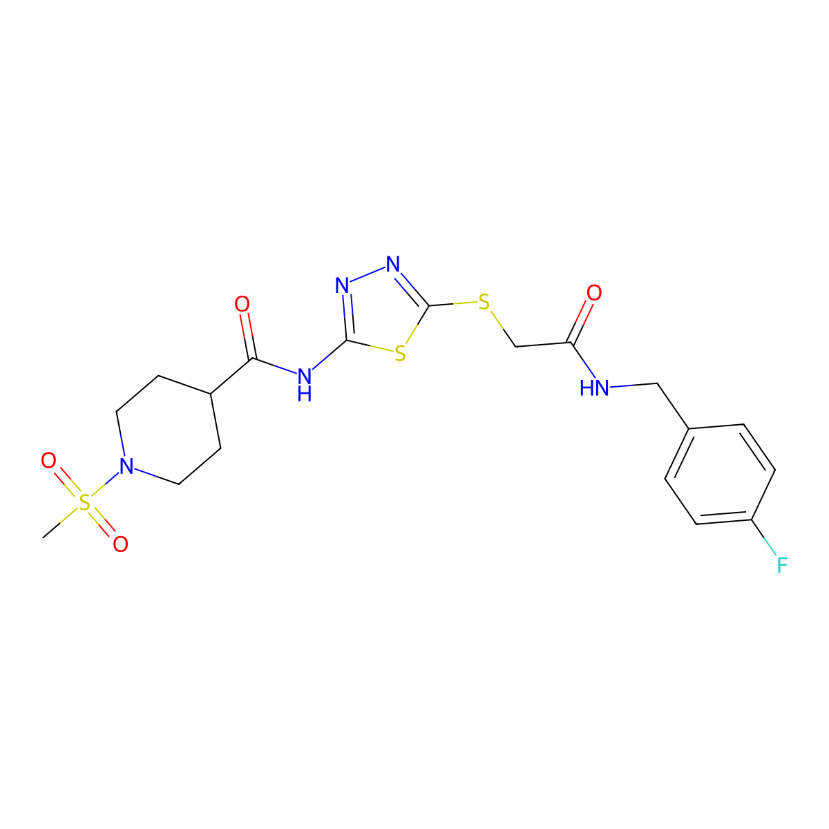N-(5-((2-((4-fluorobenzyl)amino)-2-oxoethyl)thio)-1,3,4-thiadiazol-2-yl)-1-(methylsulfonyl)piperidine-4-carboxamide molecular structure, CAS 1351643-22-5