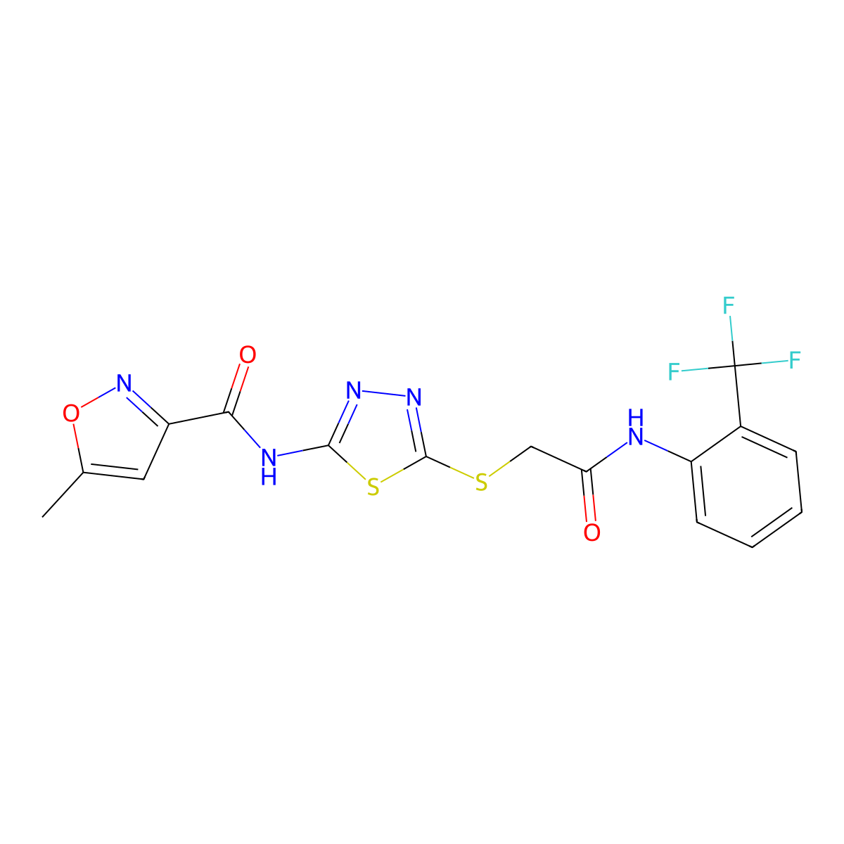 5-methyl-N-(5-((2-oxo-2-((2-(trifluoromethyl)phenyl)amino)ethyl)thio)-1,3,4-thiadiazol-2-yl)isoxazole-3-carboxamide molecular structure, CAS 1351643-25-8
