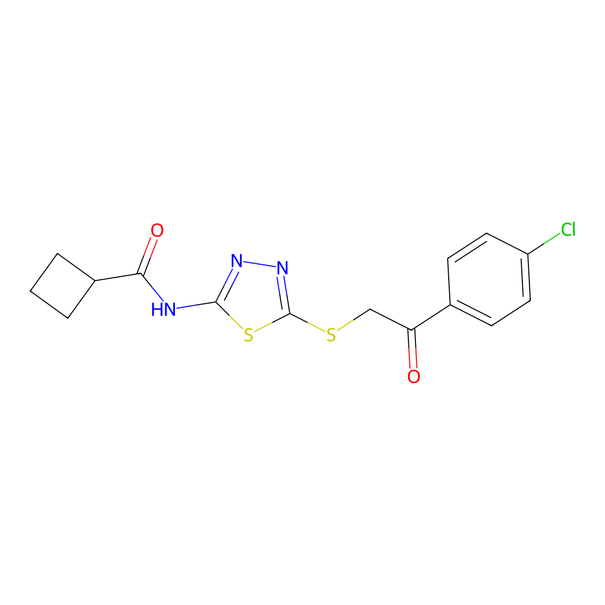 N-(5-((2-(4-chlorophenyl)-2-oxoethyl)thio)-1,3,4-thiadiazol-2-yl)cyclobutanecarboxamide molecular structure, CAS 1351643-29-2