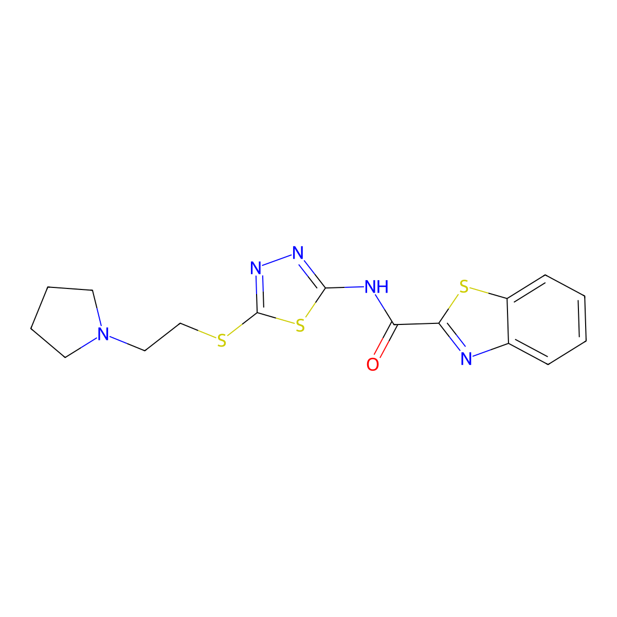 N-(5-((2-(pyrrolidin-1-yl)ethyl)thio)-1,3,4-thiadiazol-2-yl)benzo[d]thiazole-2-carboxamide molecular structure, CAS 1351643-31-6