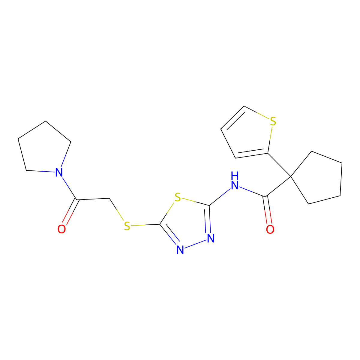 N-(5-((2-oxo-2-(pyrrolidin-1-yl)ethyl)thio)-1,3,4-thiadiazol-2-yl)-1-(thiophen-2-yl)cyclopentanecarboxamide molecular structure, CAS 1351643-33-8