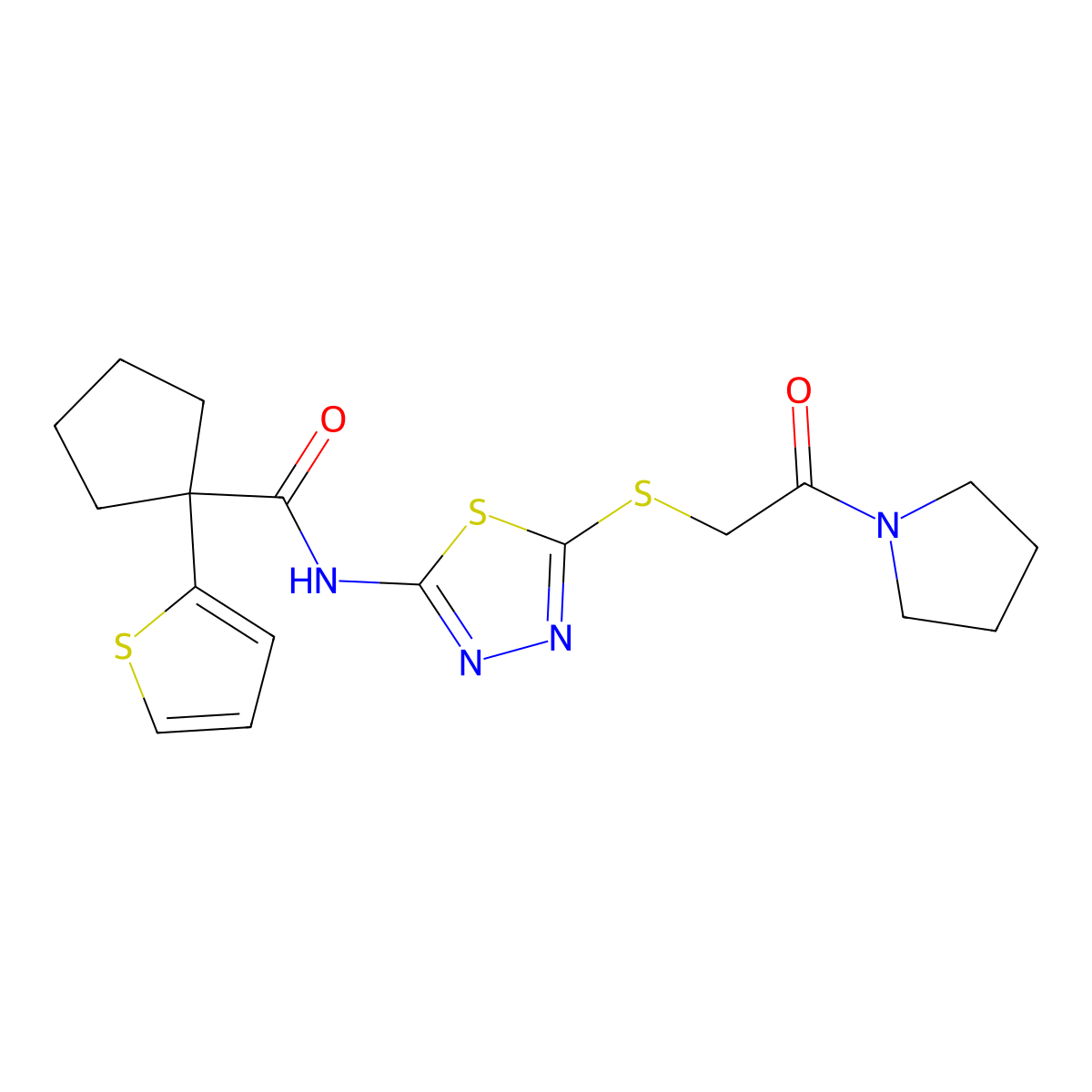 N-(5-((2-oxo-2-(pyrrolidin-1-yl)ethyl)thio)-1,3,4-thiadiazol-2-yl)-1-(thiophen-2-yl)cyclopentanecarboxamide molecular structure, CAS 1351643-33-8