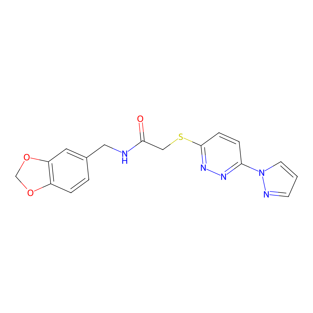 2-((6-(1H-pyrazol-1-yl)pyridazin-3-yl)thio)-N-(benzo[d][1,3]dioxol-5-ylmethyl)acetamide molecular structure, CAS 1351643-37-2