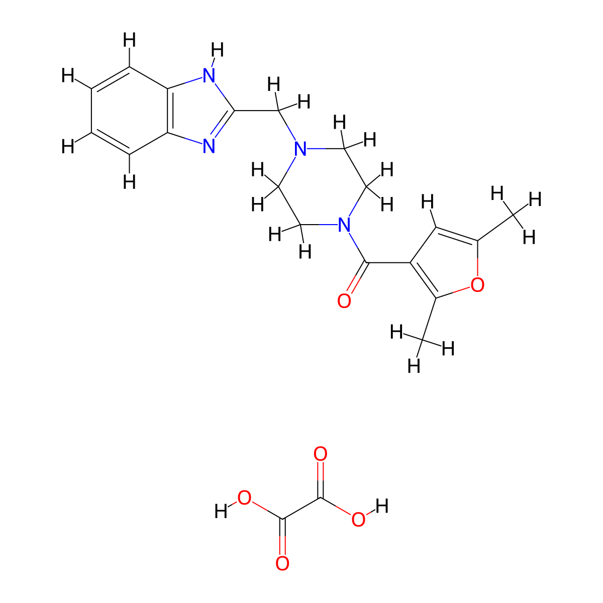 (4-((1H-benzo[d]imidazol-2-yl)methyl)piperazin-1-yl)(2,5-dimethylfuran-3-yl)methanone oxalate molecular structure, CAS 1351643-68-9