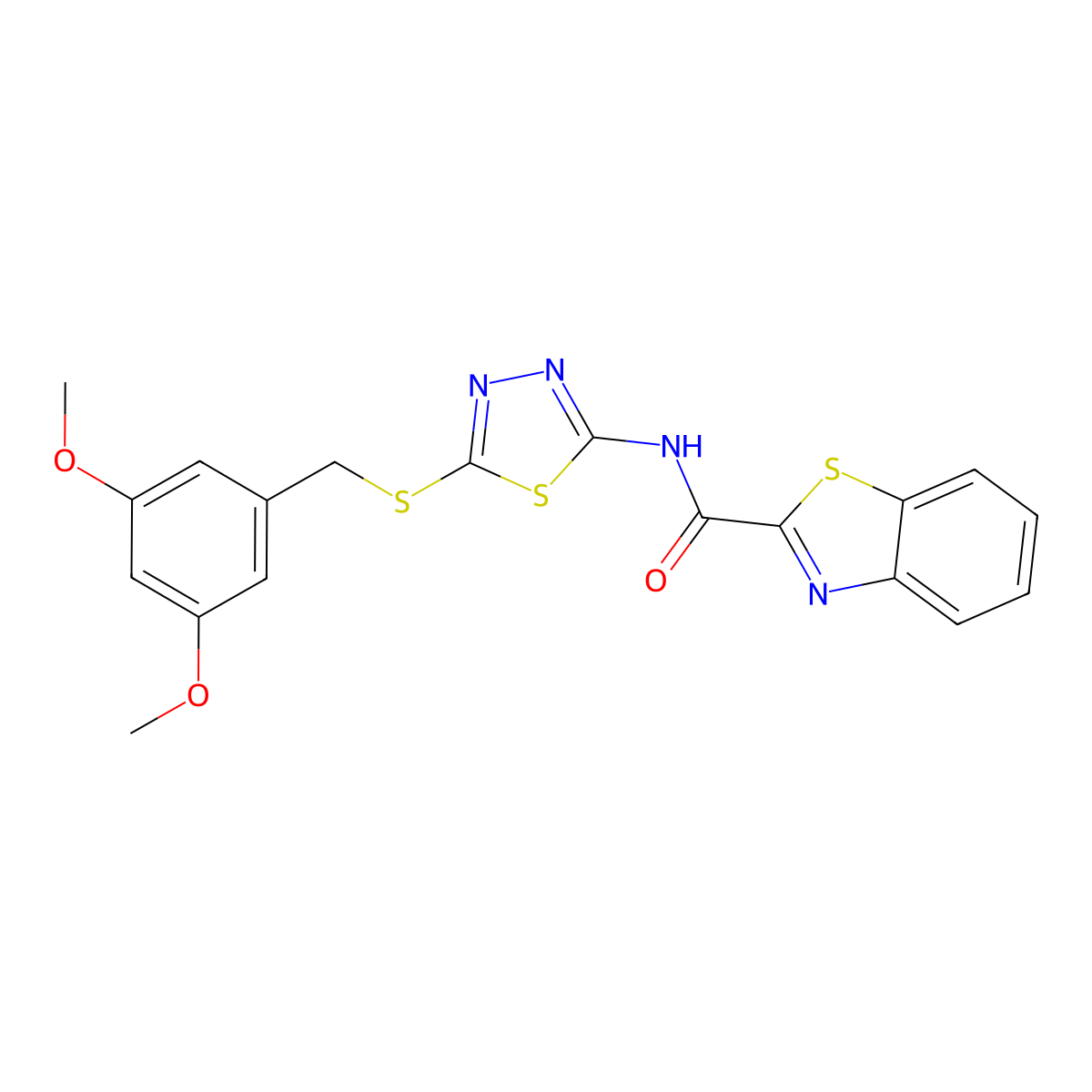 N-(5-((3,5-dimethoxybenzyl)thio)-1,3,4-thiadiazol-2-yl)benzo[d]thiazole-2-carboxamide molecular structure, CAS 1351643-72-5