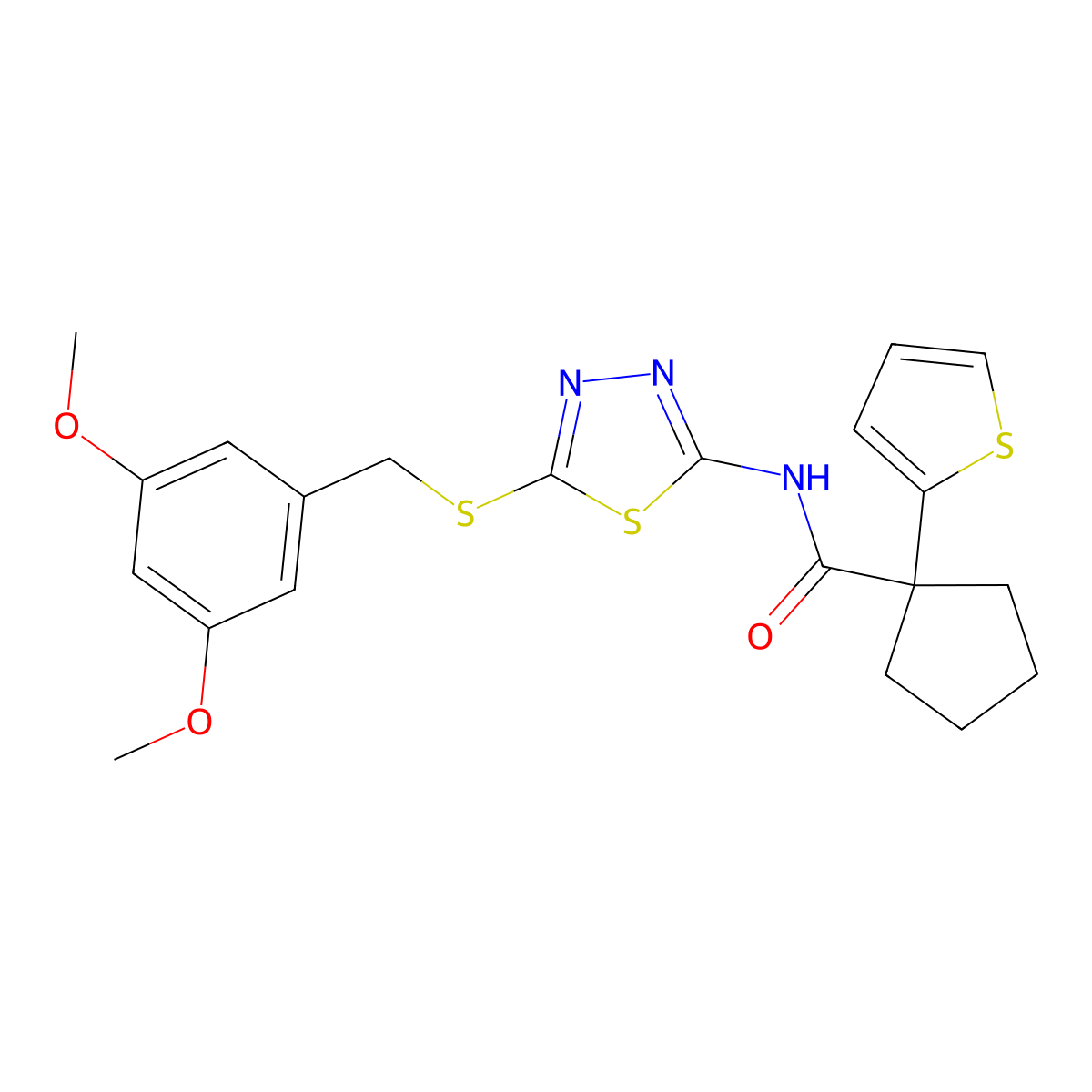 N-(5-((3,5-dimethoxybenzyl)thio)-1,3,4-thiadiazol-2-yl)-1-(thiophen-2-yl)cyclopentanecarboxamide molecular structure, CAS 1351643-79-2