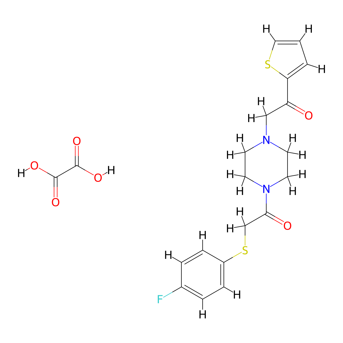 2-((4-Fluorophenyl)thio)-1-(4-(2-oxo-2-(thiophen-2-yl)ethyl)piperazin-1-yl)ethanone oxalate molecular structure, CAS 1351643-85-0