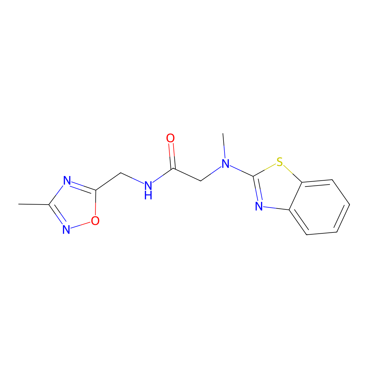 2-(benzo[d]thiazol-2-yl(methyl)amino)-N-((3-methyl-1,2,4-oxadiazol-5-yl)methyl)acetamide molecular structure, CAS 1351643-94-1