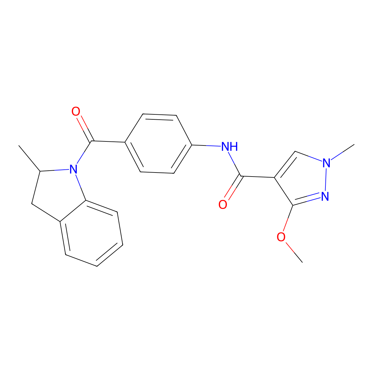 3-methoxy-1-methyl-N-(4-(2-methylindoline-1-carbonyl)phenyl)-1H-pyrazole-4-carboxamide molecular structure, CAS 1351643-97-4