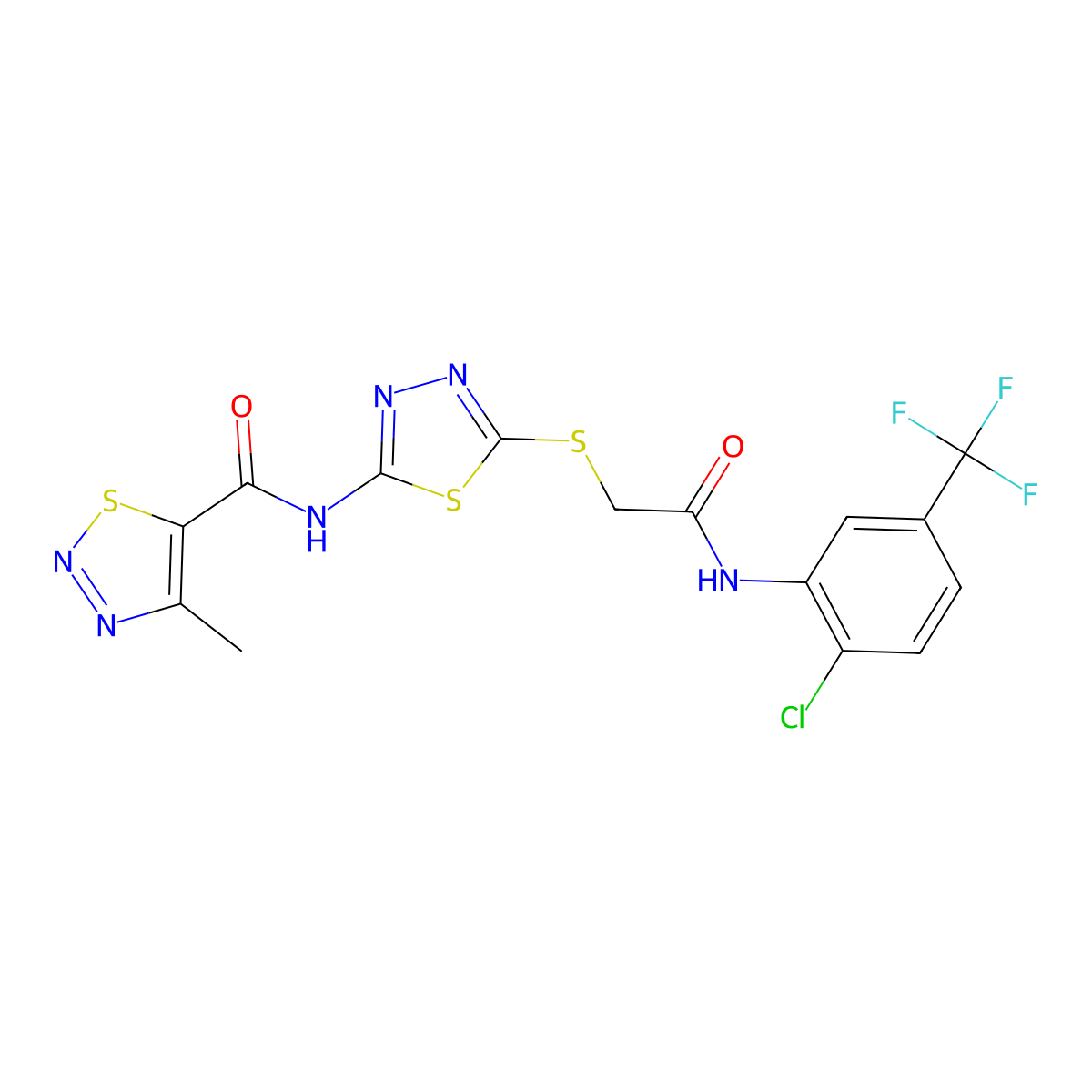 N-(5-((2-((2-chloro-5-(trifluoromethyl)phenyl)amino)-2-oxoethyl)thio)-1,3,4-thiadiazol-2-yl)-4-methyl-1,2,3-thiadiazole-5-carboxamide molecular structure, CAS 1351644-04-6